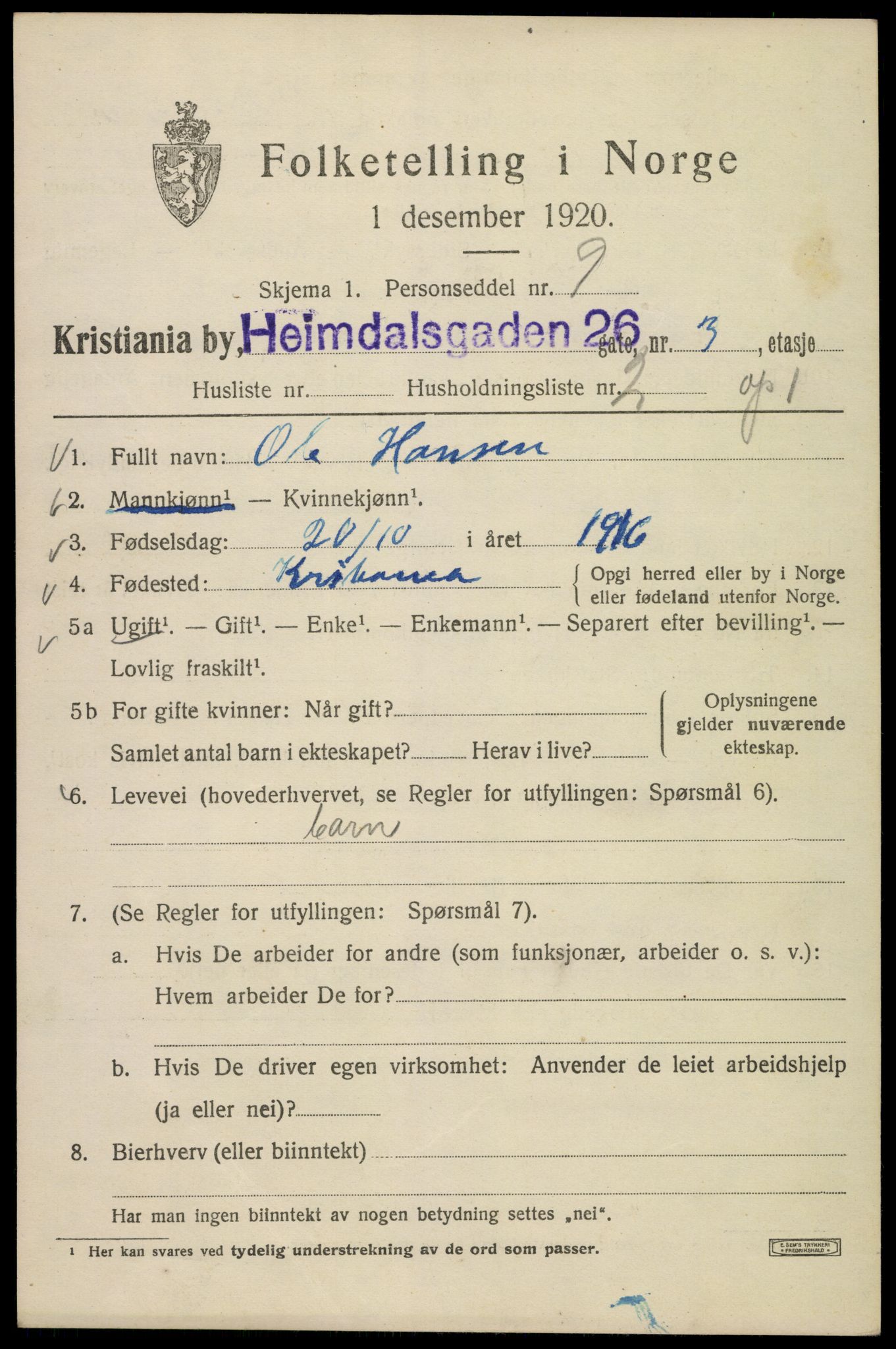 SAO, 1920 census for Kristiania, 1920, p. 279421