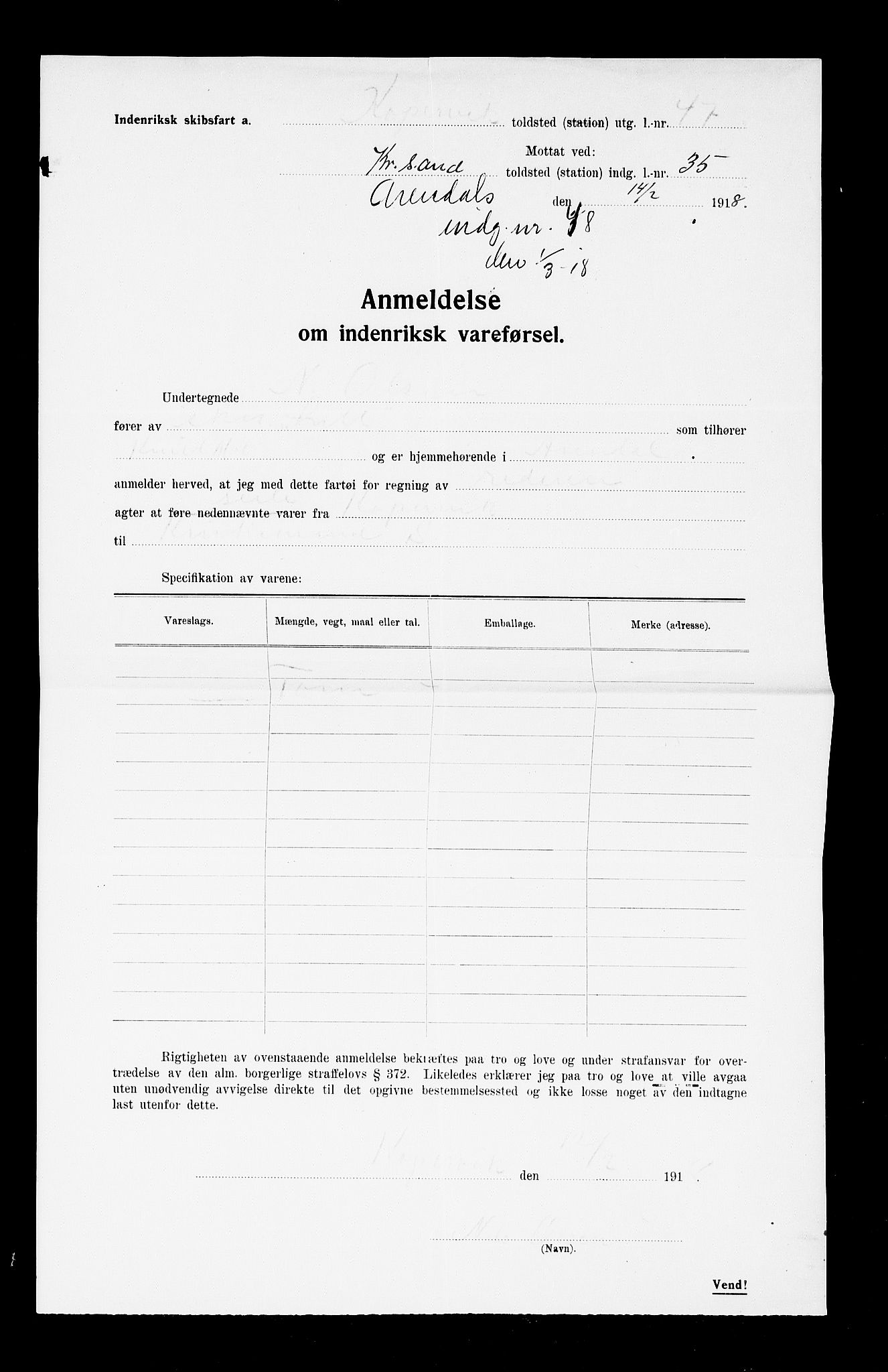 Arendal tollsted, AV/SAK-1351-0003/H/Ha/L0896: Legitimasjonsbevis for fartøyer i innenriksfart, 1886-1948, p. 8