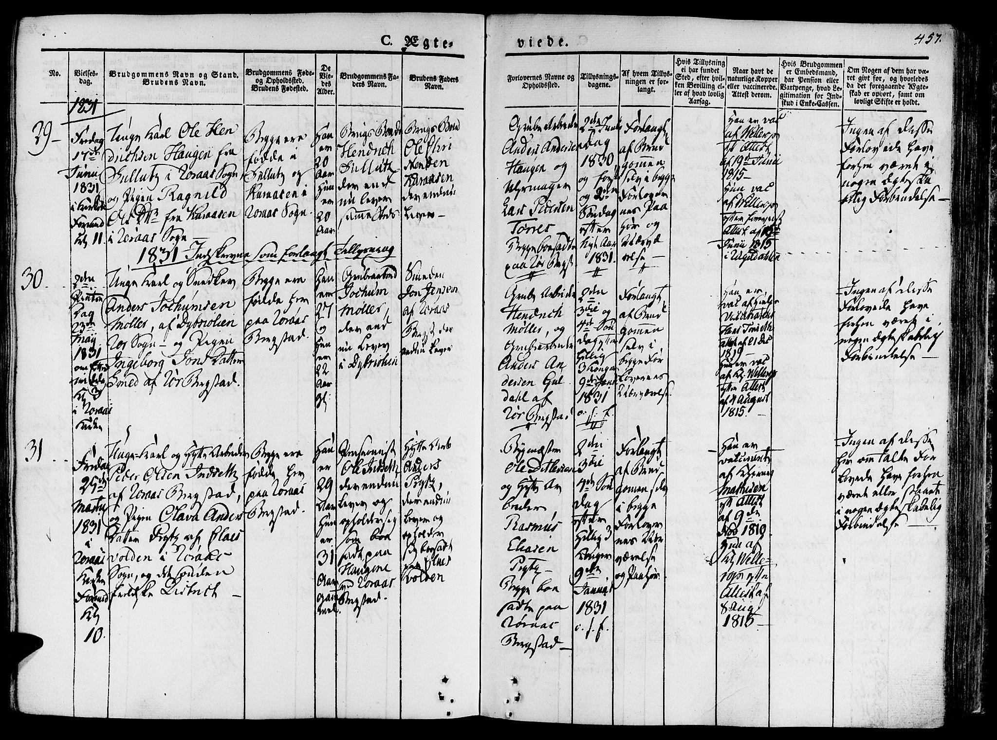 Ministerialprotokoller, klokkerbøker og fødselsregistre - Sør-Trøndelag, SAT/A-1456/681/L0930: Parish register (official) no. 681A08, 1829-1844, p. 457