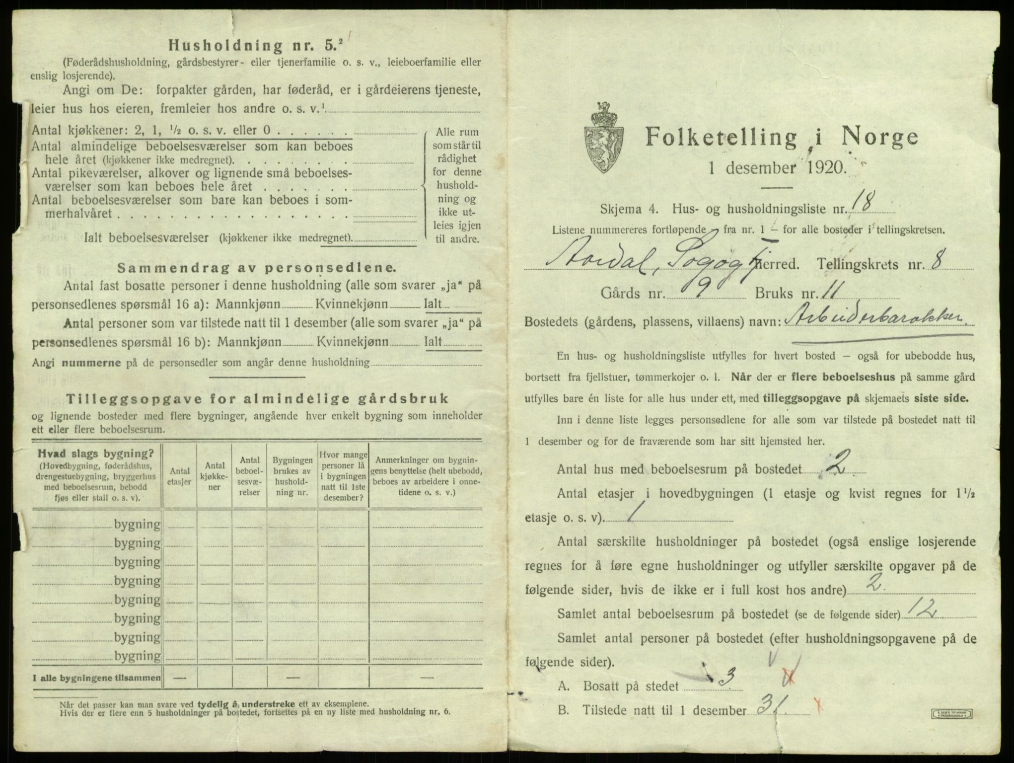 SAB, 1920 census for Årdal, 1920, p. 499