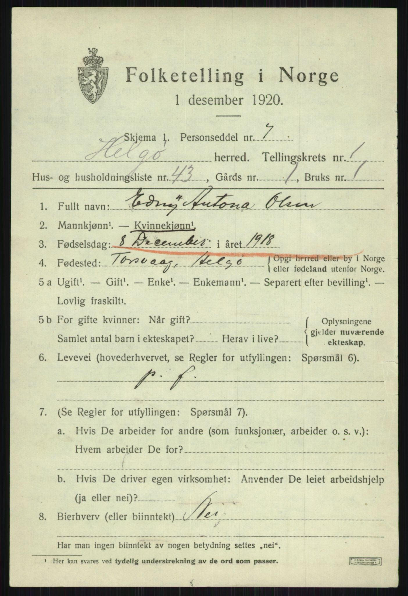 SATØ, 1920 census for Helgøy, 1920, p. 1112