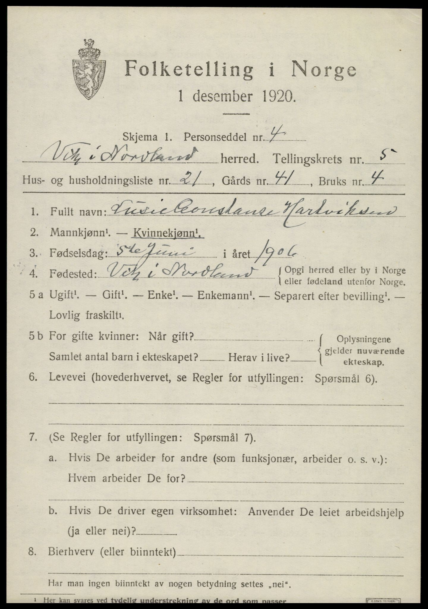 SAT, 1920 census for Vik, 1920, p. 3165