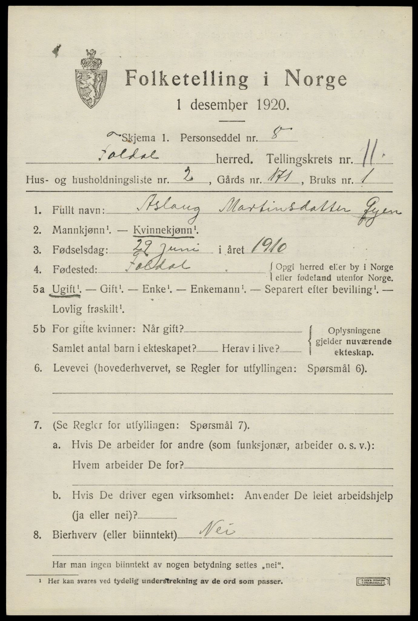 SAH, 1920 census for Folldal, 1920, p. 5257