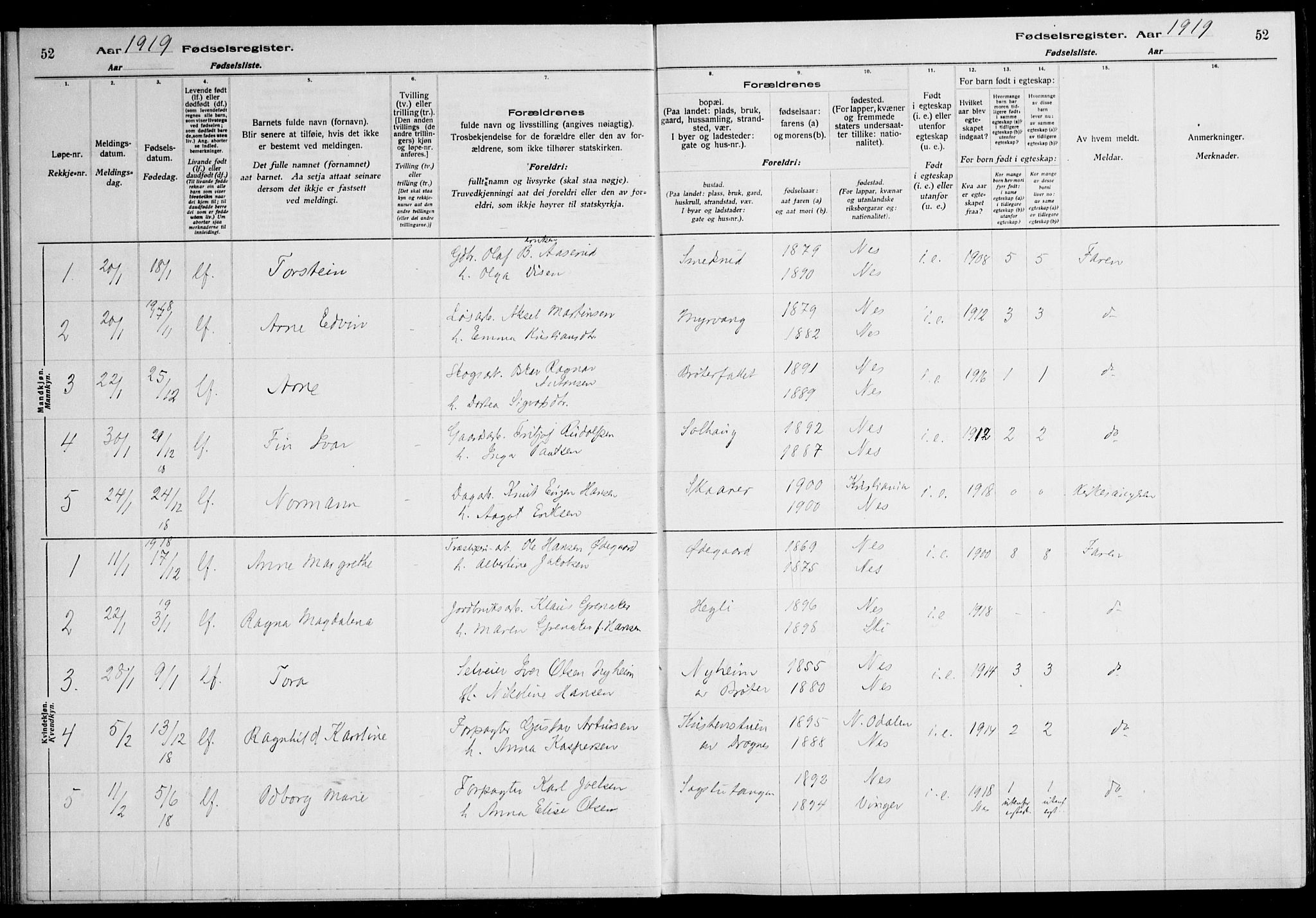 Nes prestekontor Kirkebøker, AV/SAO-A-10410/J/Ja/L0001: Birth register no. 1, 1916-1926, p. 52