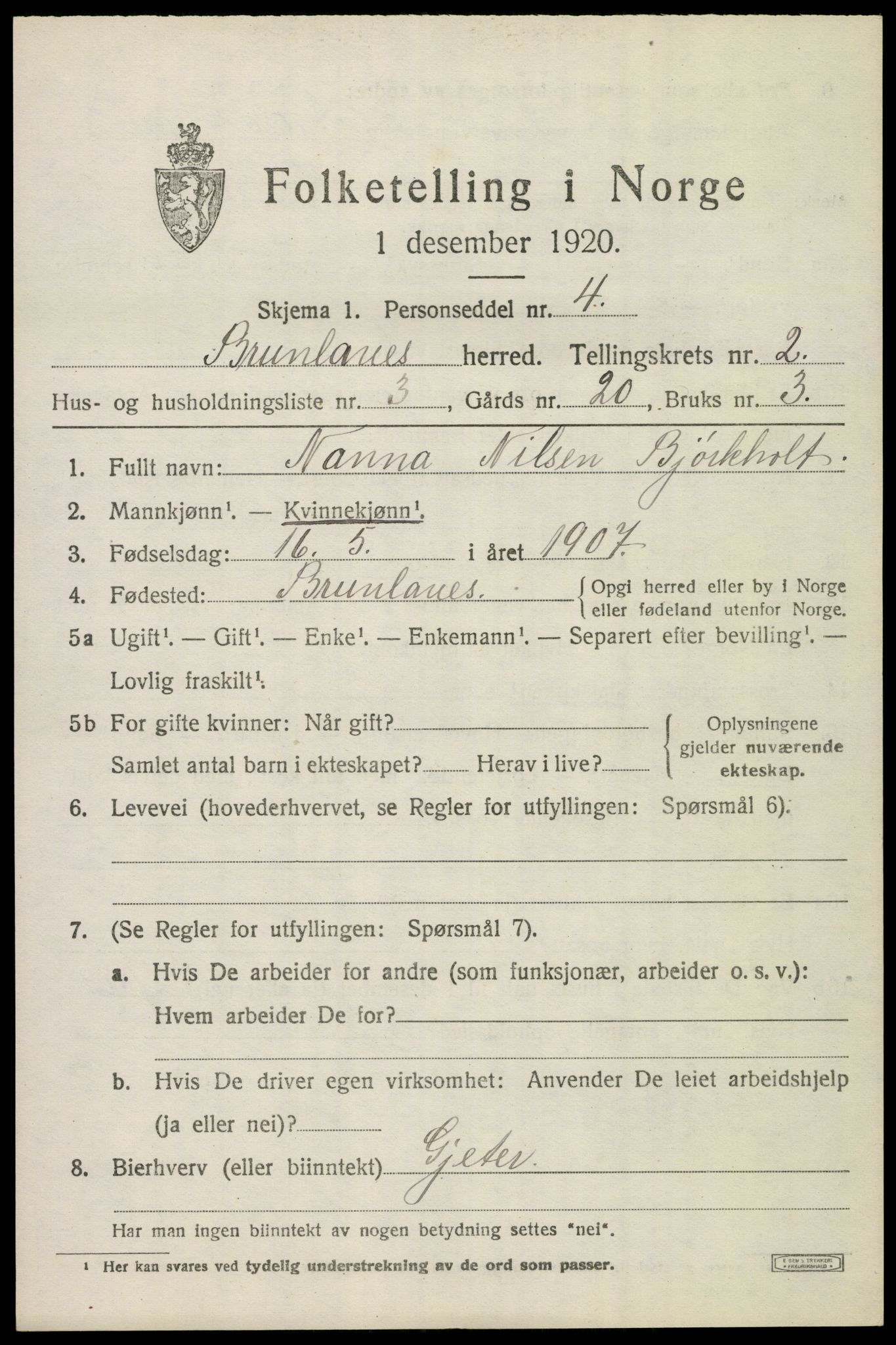 SAKO, 1920 census for Brunlanes, 1920, p. 3345