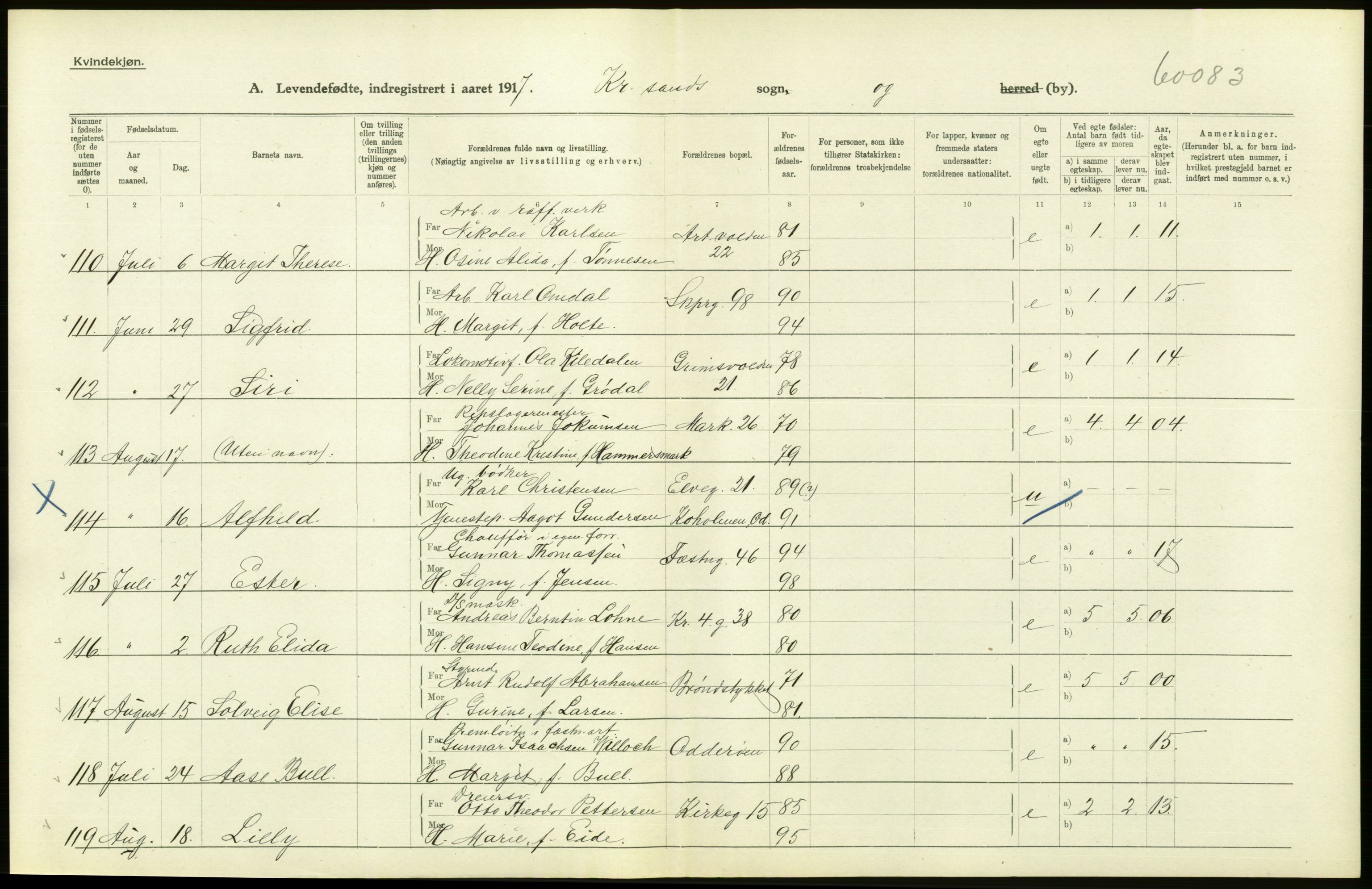 Statistisk sentralbyrå, Sosiodemografiske emner, Befolkning, AV/RA-S-2228/D/Df/Dfb/Dfbg/L0029: Lister og Mandals amt: Levendefødte menn og kvinner. Bygder og byer., 1917, p. 50