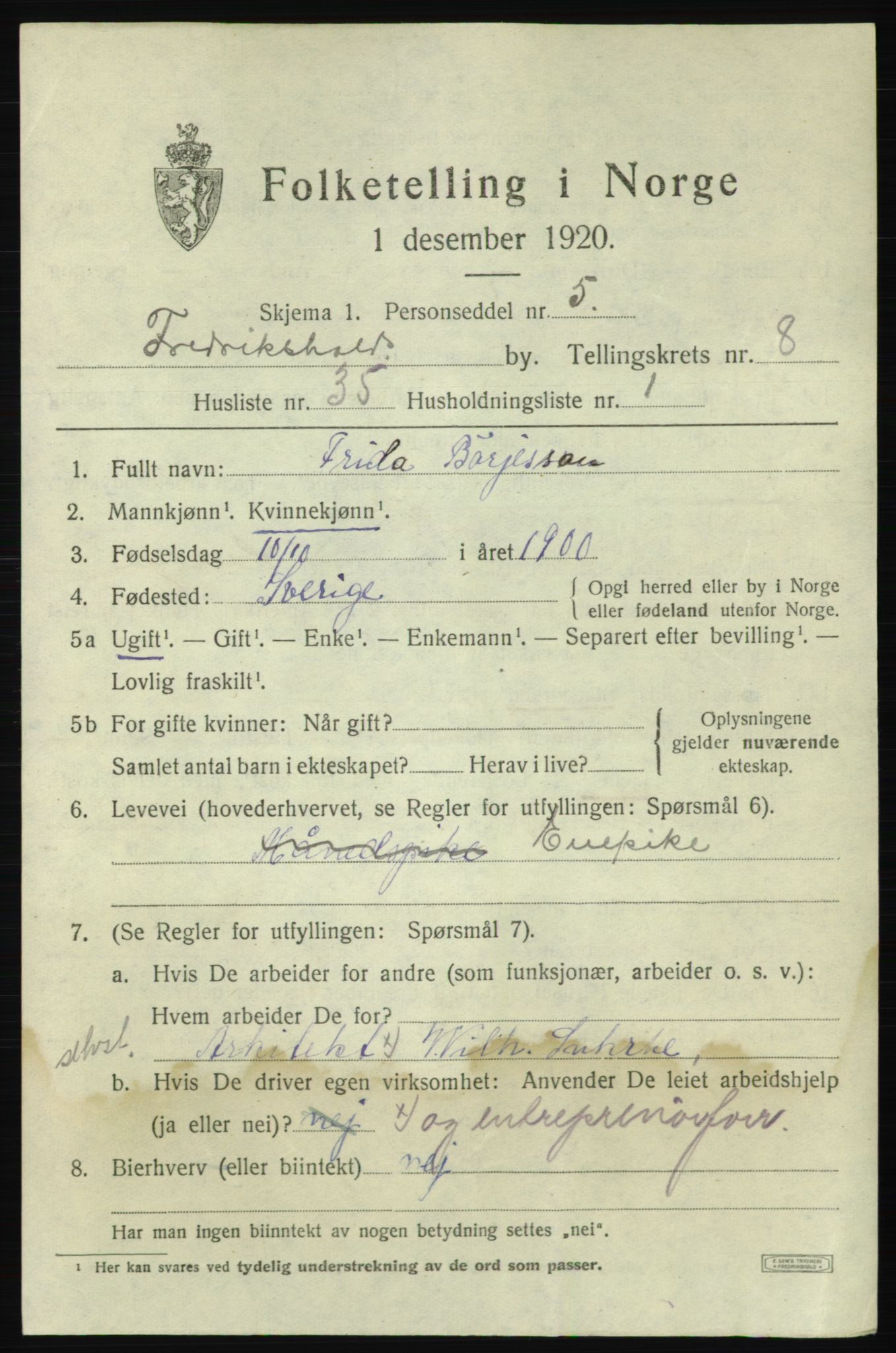 SAO, 1920 census for Fredrikshald, 1920, p. 15715