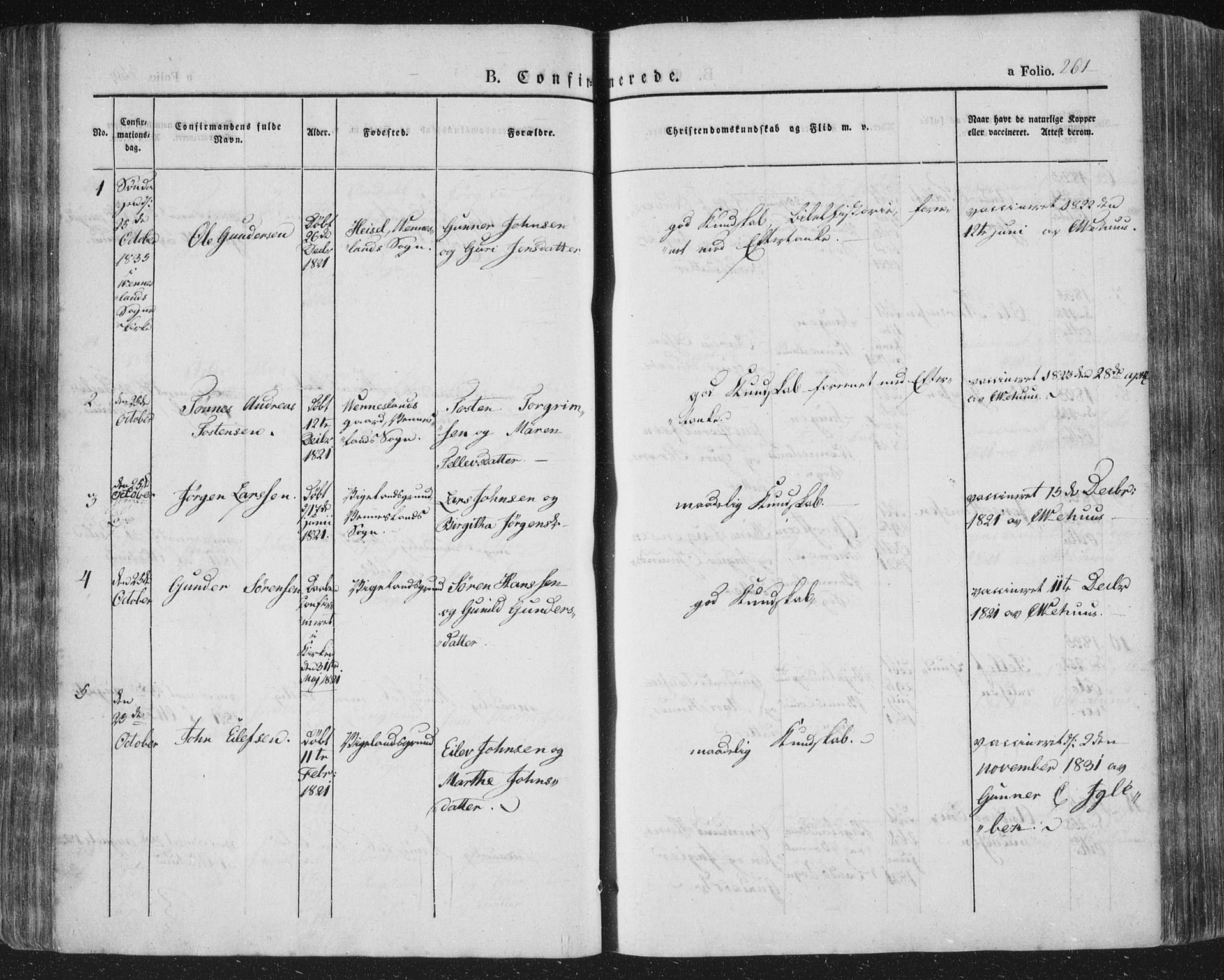 Vennesla sokneprestkontor, AV/SAK-1111-0045/Fa/Fac/L0004: Parish register (official) no. A 4, 1834-1855, p. 261