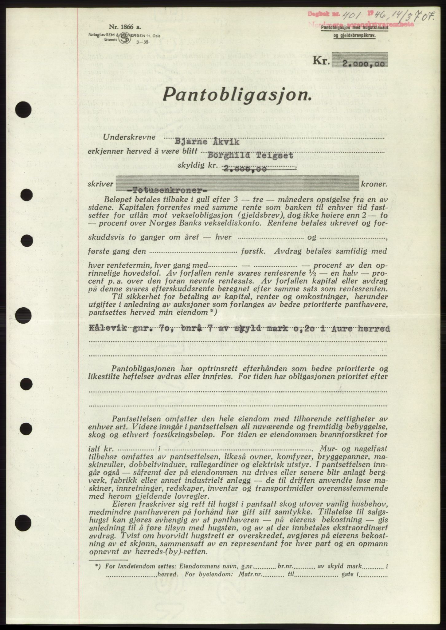 Nordmøre sorenskriveri, AV/SAT-A-4132/1/2/2Ca: Mortgage book no. B93b, 1946-1946, Diary no: : 401/1946