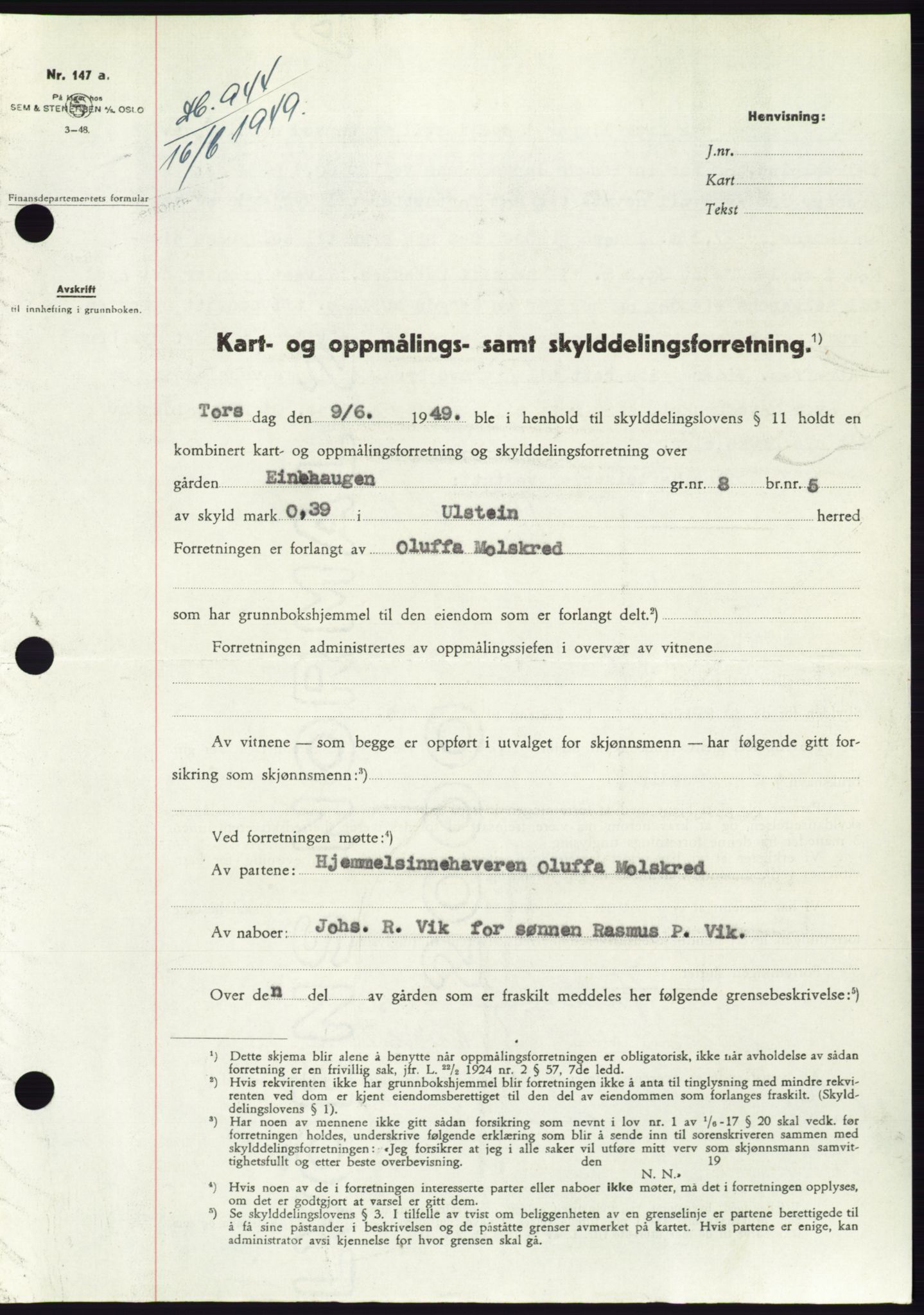 Søre Sunnmøre sorenskriveri, AV/SAT-A-4122/1/2/2C/L0084: Mortgage book no. 10A, 1949-1949, Diary no: : 944/1949