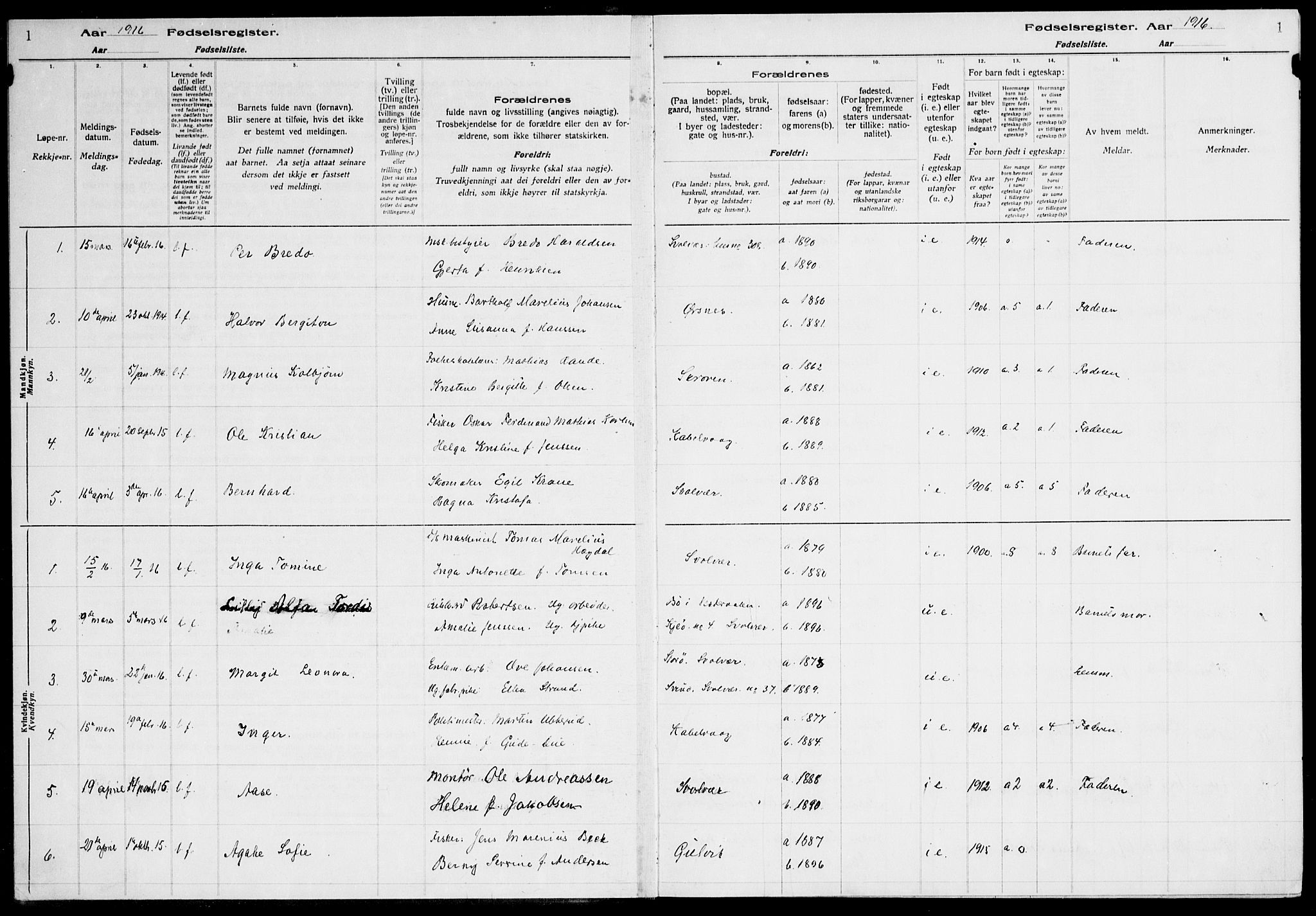 Ministerialprotokoller, klokkerbøker og fødselsregistre - Nordland, AV/SAT-A-1459/874/L1089: Birth register no. 874.II.4.1, 1916-1926, p. 1