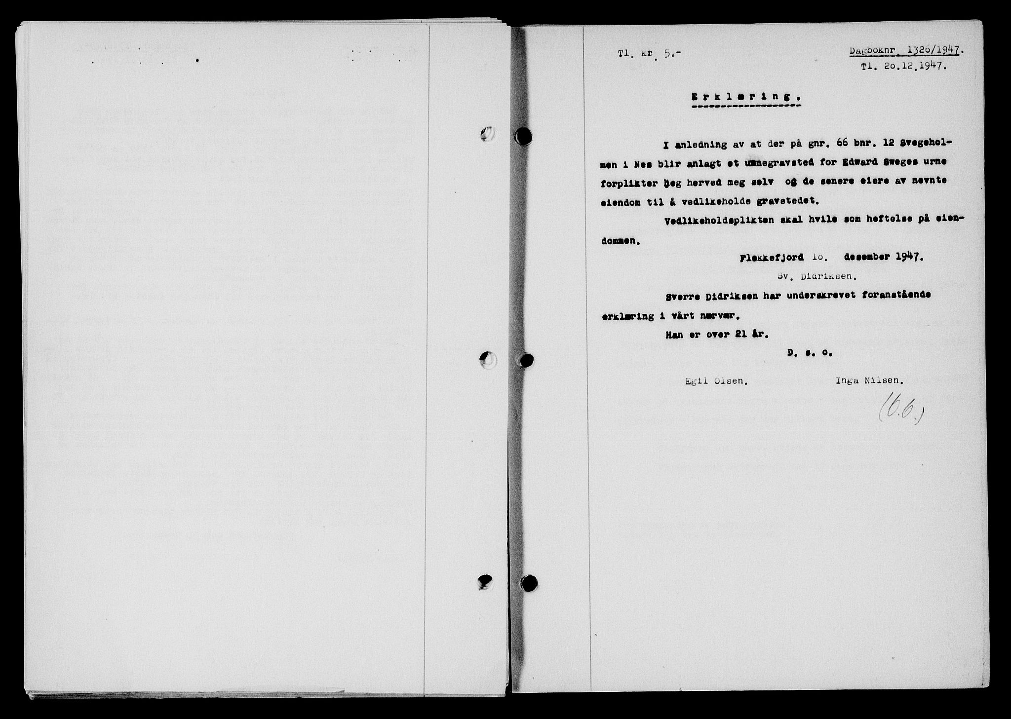 Flekkefjord sorenskriveri, AV/SAK-1221-0001/G/Gb/Gba/L0063: Mortgage book no. A-11, 1947-1948, Diary no: : 1326/1947