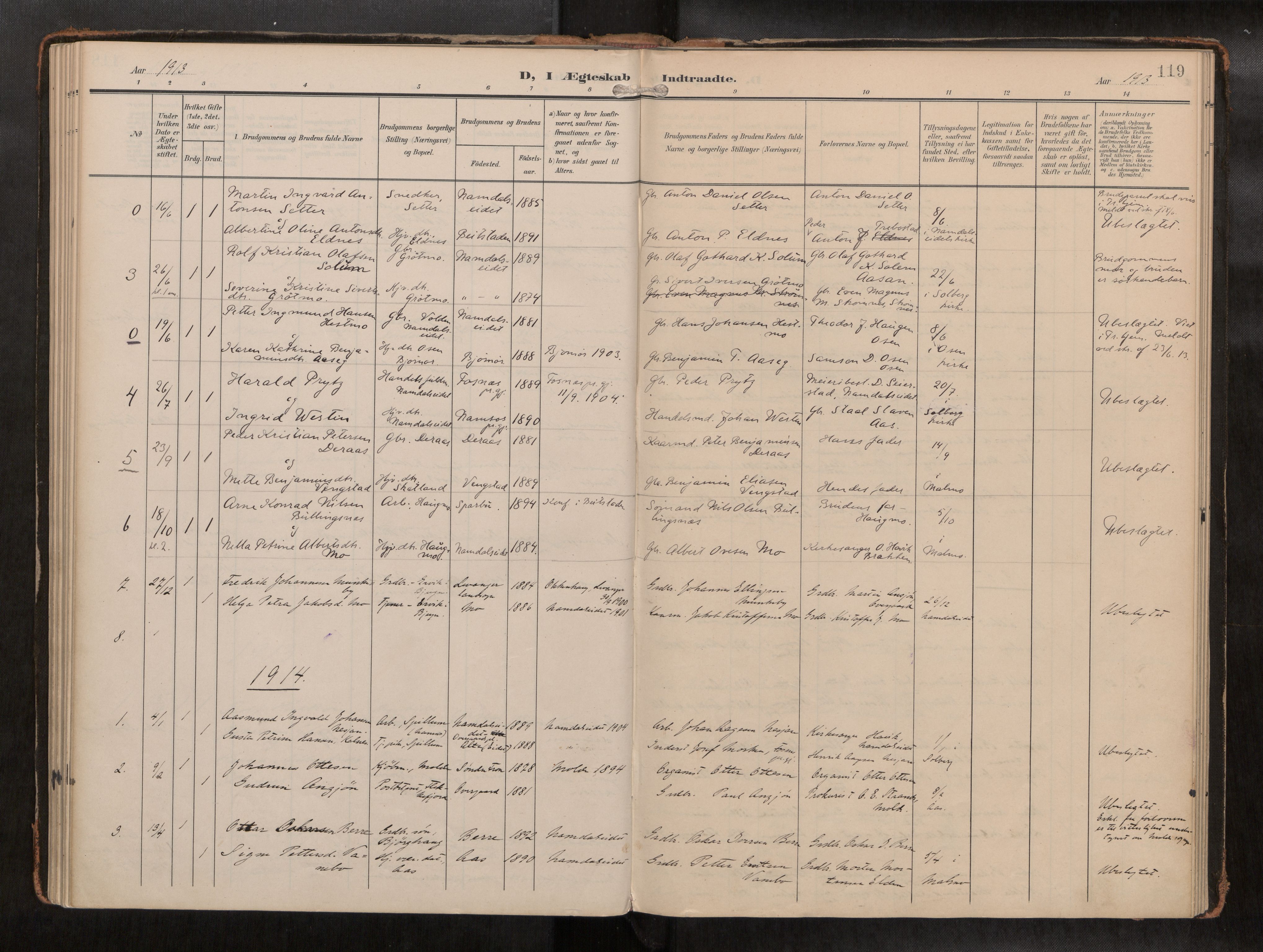 Ministerialprotokoller, klokkerbøker og fødselsregistre - Nord-Trøndelag, SAT/A-1458/742/L0409a: Parish register (official) no. 742A03, 1906-1924, p. 119