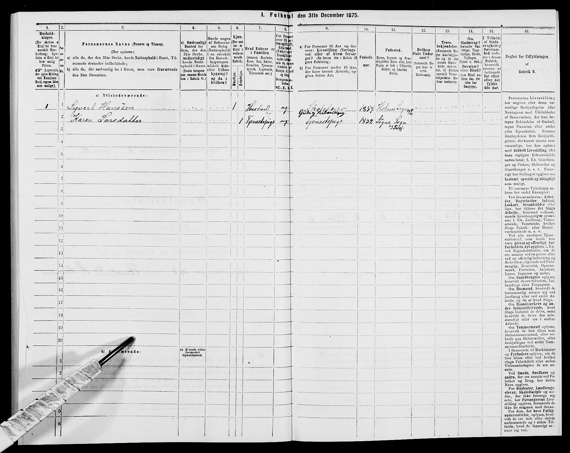 SAK, 1875 census for 1018P Søgne, 1875, p. 193