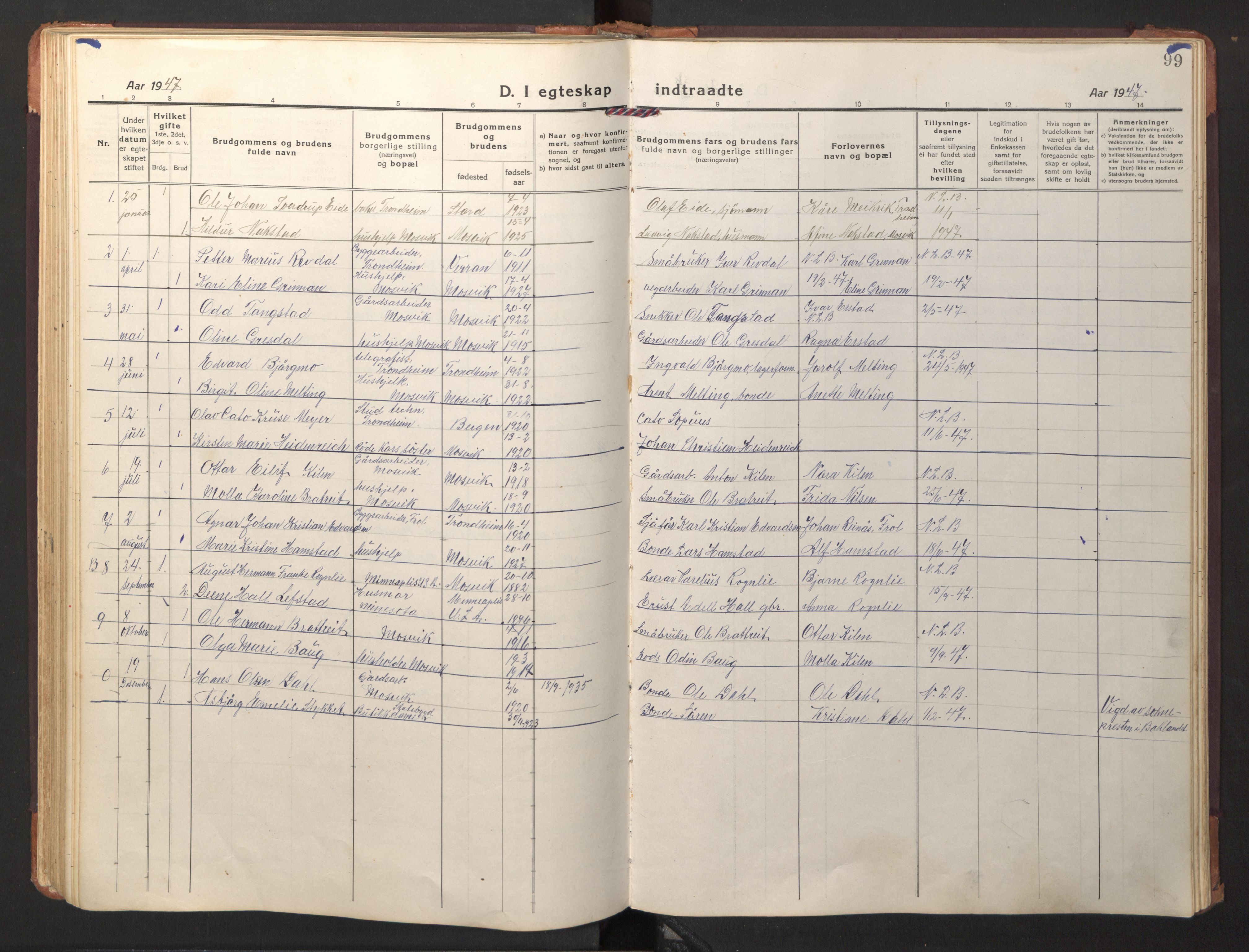 Ministerialprotokoller, klokkerbøker og fødselsregistre - Nord-Trøndelag, SAT/A-1458/733/L0328: Parish register (copy) no. 733C03, 1919-1966, p. 99
