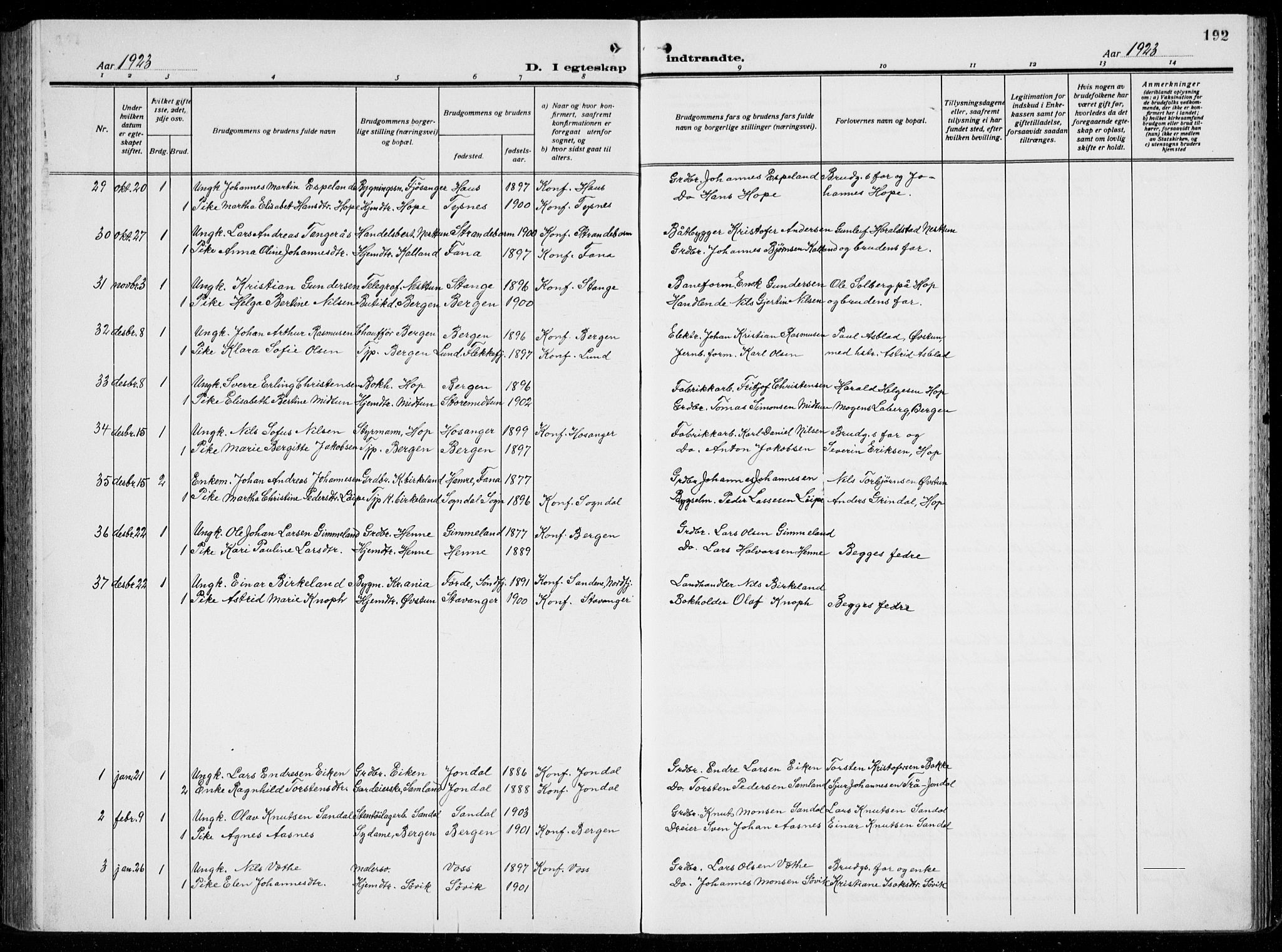 Birkeland Sokneprestembete, AV/SAB-A-74601/H/Hab: Parish register (copy) no. A  8, 1923-1933, p. 192