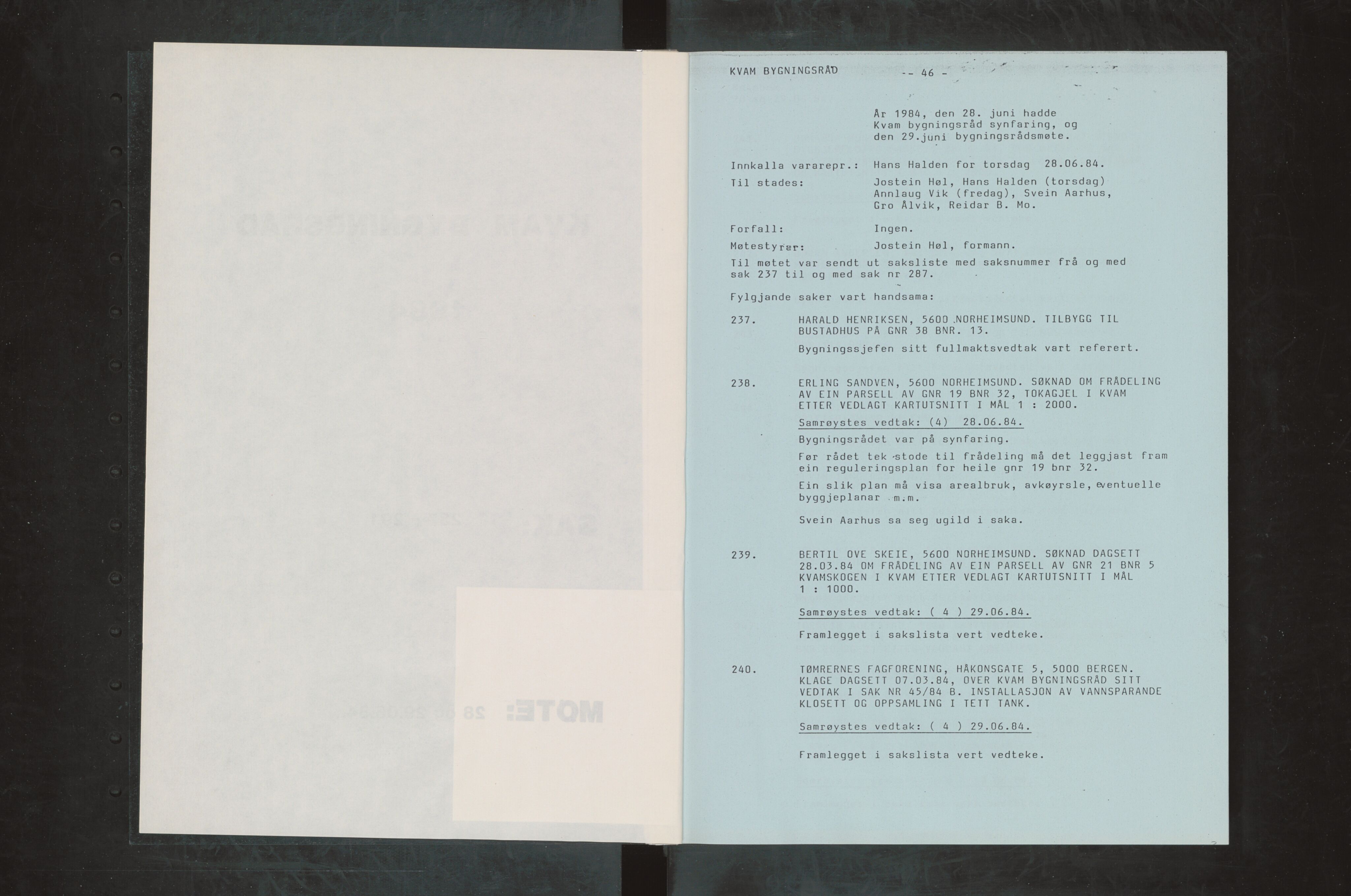 Kvam herad. Bygningsrådet, IKAH/1238-511/A/Ab/L0126: Utskrift av møtebok for Kvam bygningsråd, 1984