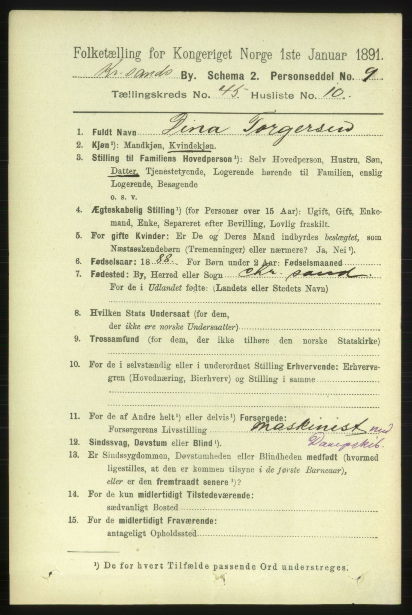 RA, 1891 census for 1001 Kristiansand, 1891, p. 13997