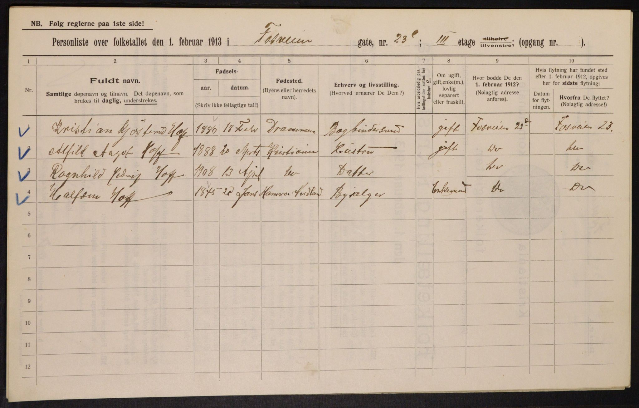 OBA, Municipal Census 1913 for Kristiania, 1913, p. 25457