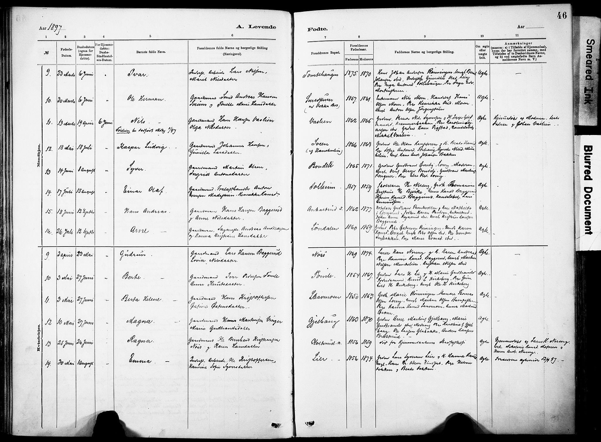 Nordre Land prestekontor, AV/SAH-PREST-124/H/Ha/Haa/L0005: Parish register (official) no. 5, 1882-1903, p. 46