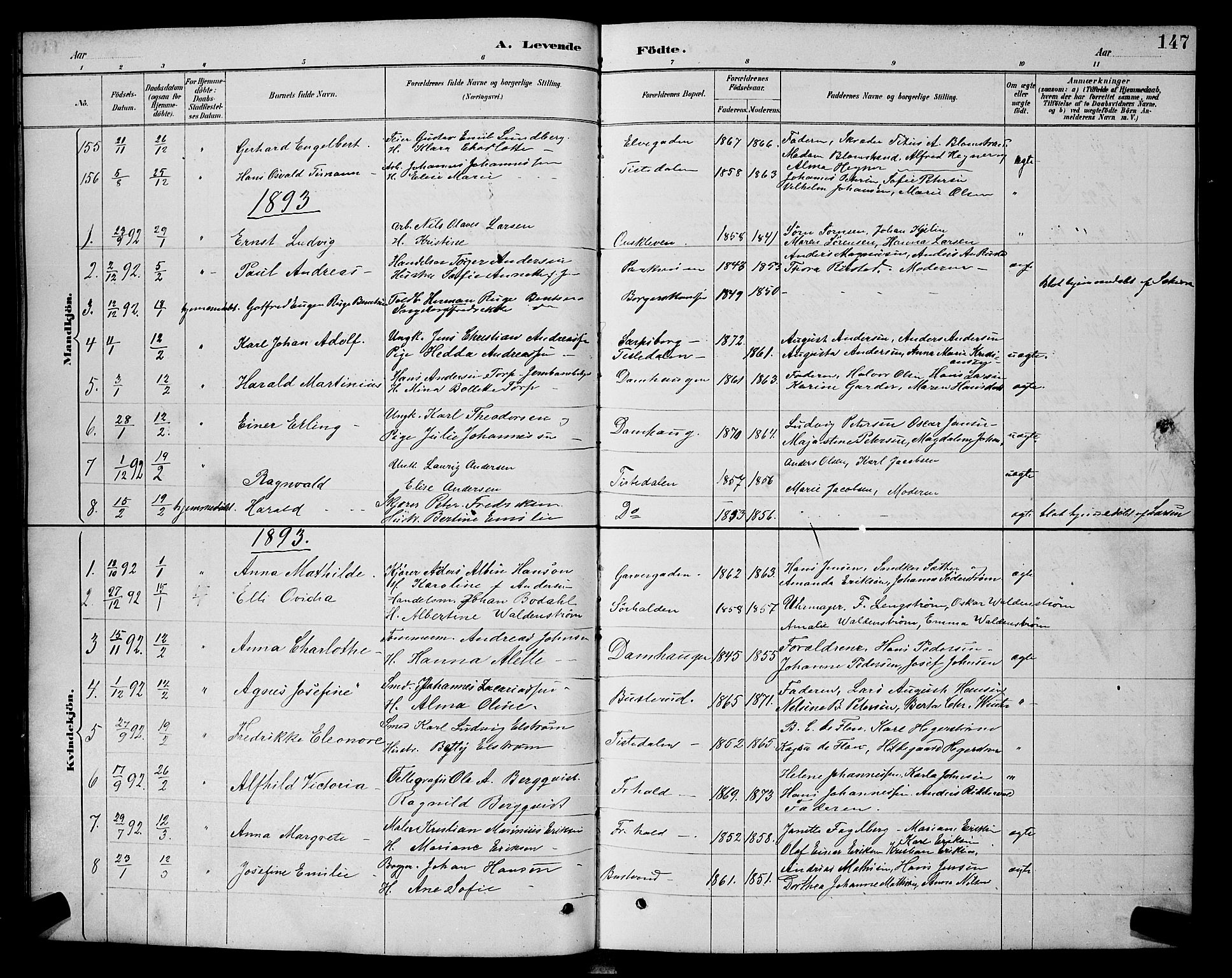 Halden prestekontor Kirkebøker, SAO/A-10909/G/Ga/L0008: Parish register (copy) no. 8, 1885-1899, p. 147