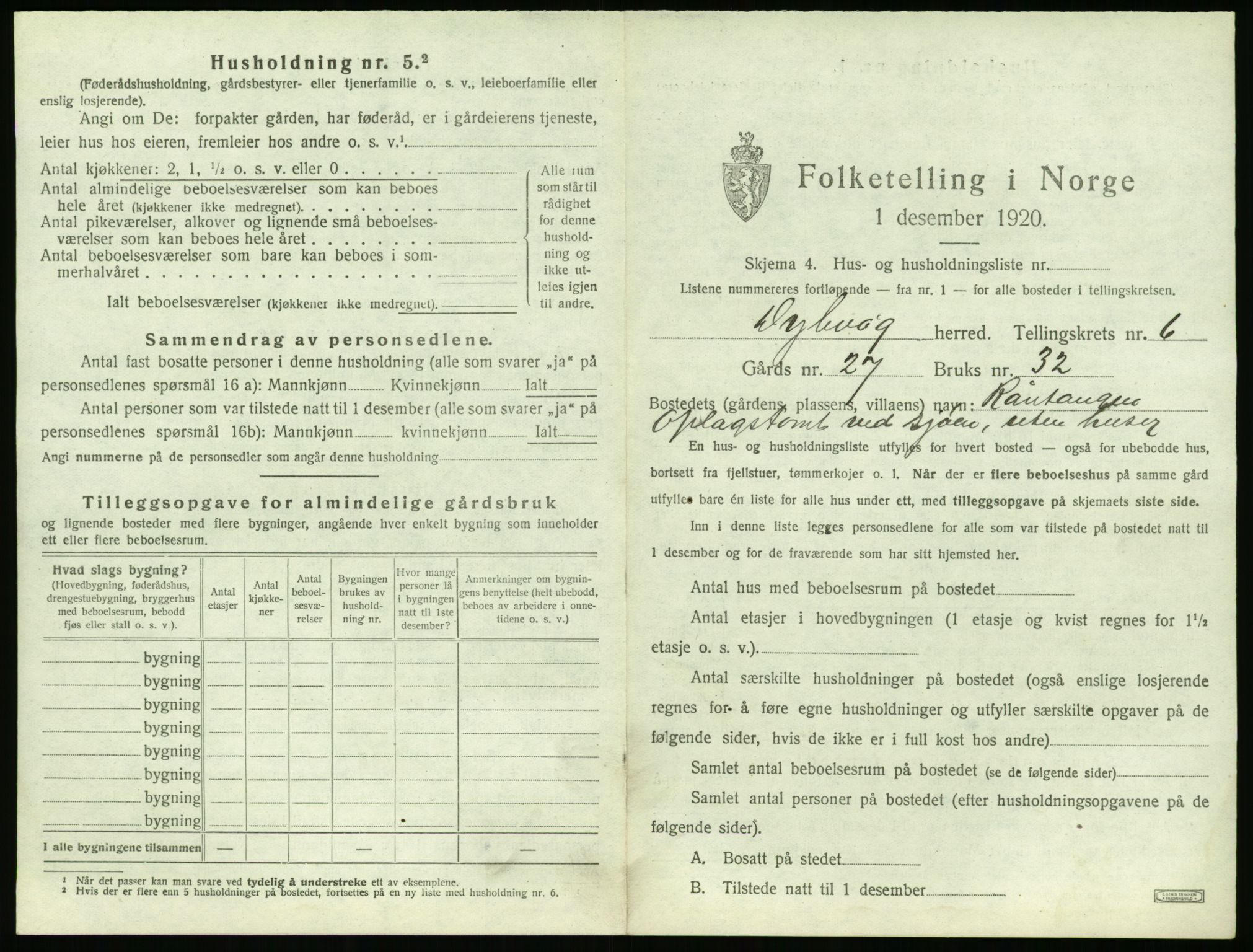 SAK, 1920 census for Dypvåg, 1920, p. 1113