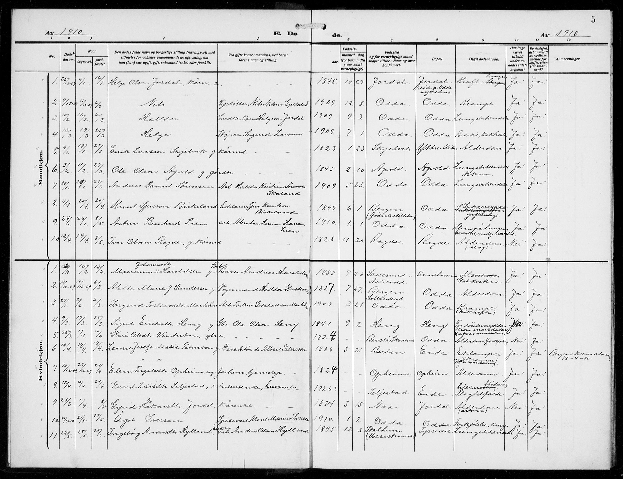 Odda Sokneprestembete, SAB/A-77201/H/Hab: Parish register (copy) no. E 1, 1910-1940, p. 5