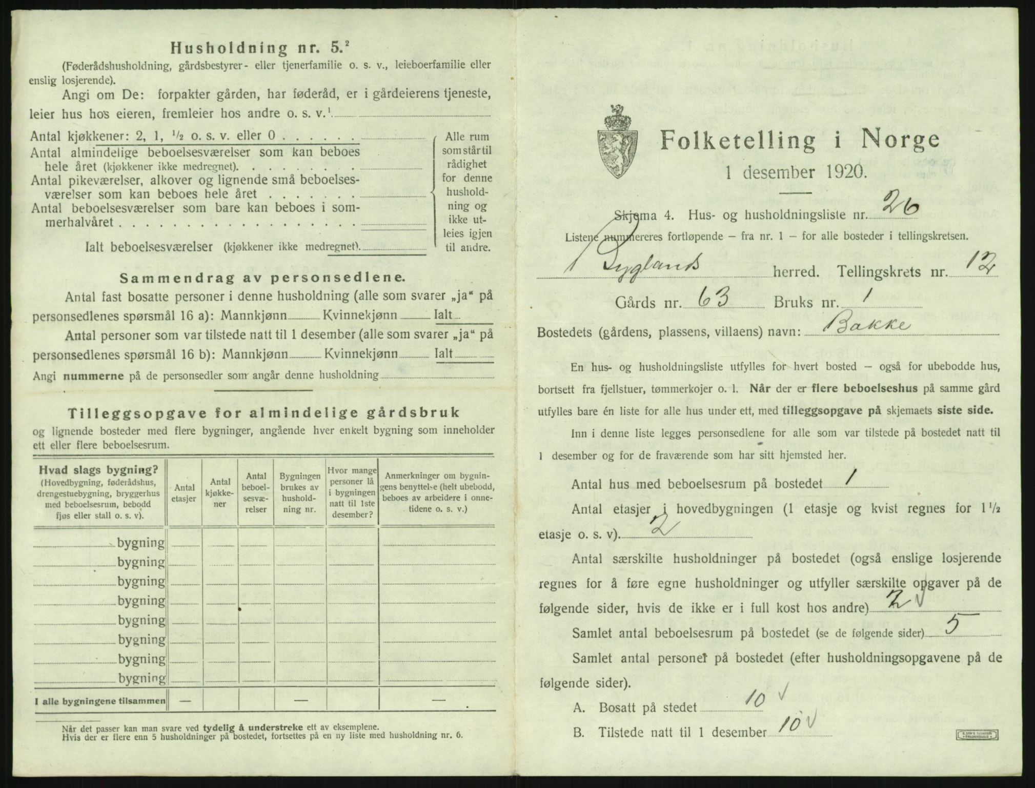 SAK, 1920 census for Bygland, 1920, p. 763