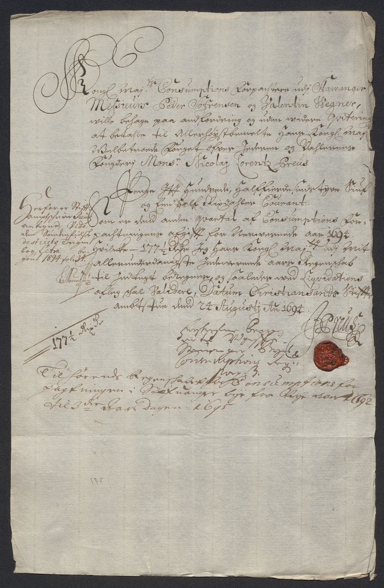 Rentekammeret inntil 1814, Reviderte regnskaper, Byregnskaper, AV/RA-EA-4066/R/Ro/L0333: [O25] Konsumpsjonsregnskap, 1690-1704, p. 113