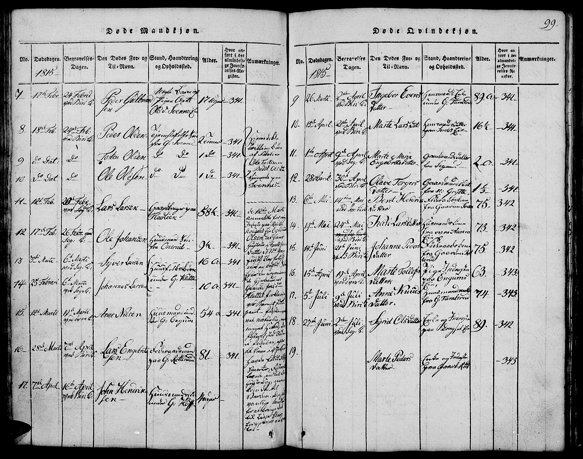 Biri prestekontor, SAH/PREST-096/H/Ha/Hab/L0001: Parish register (copy) no. 1, 1814-1828, p. 99
