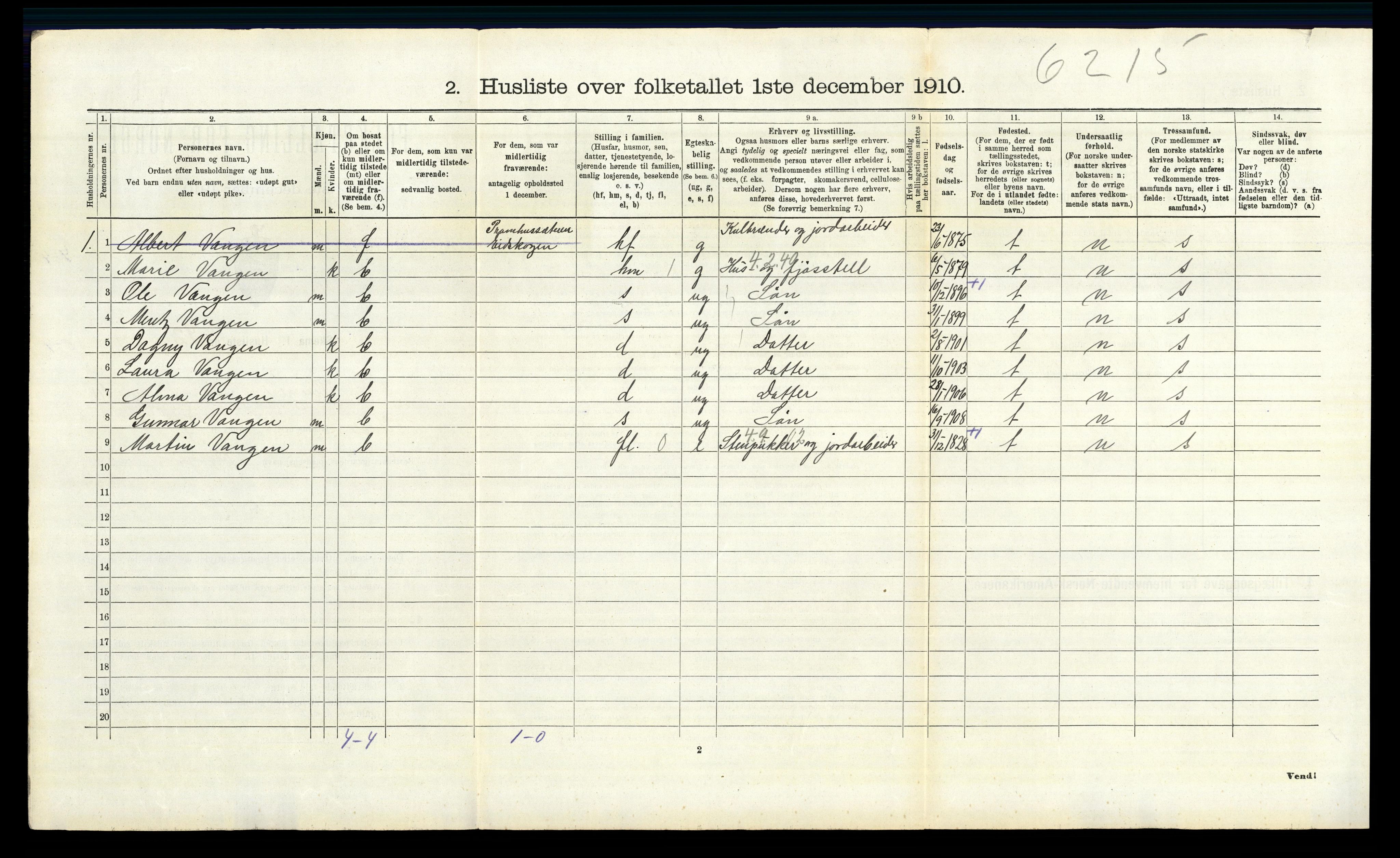 RA, 1910 census for Vinger, 1910, p. 1292