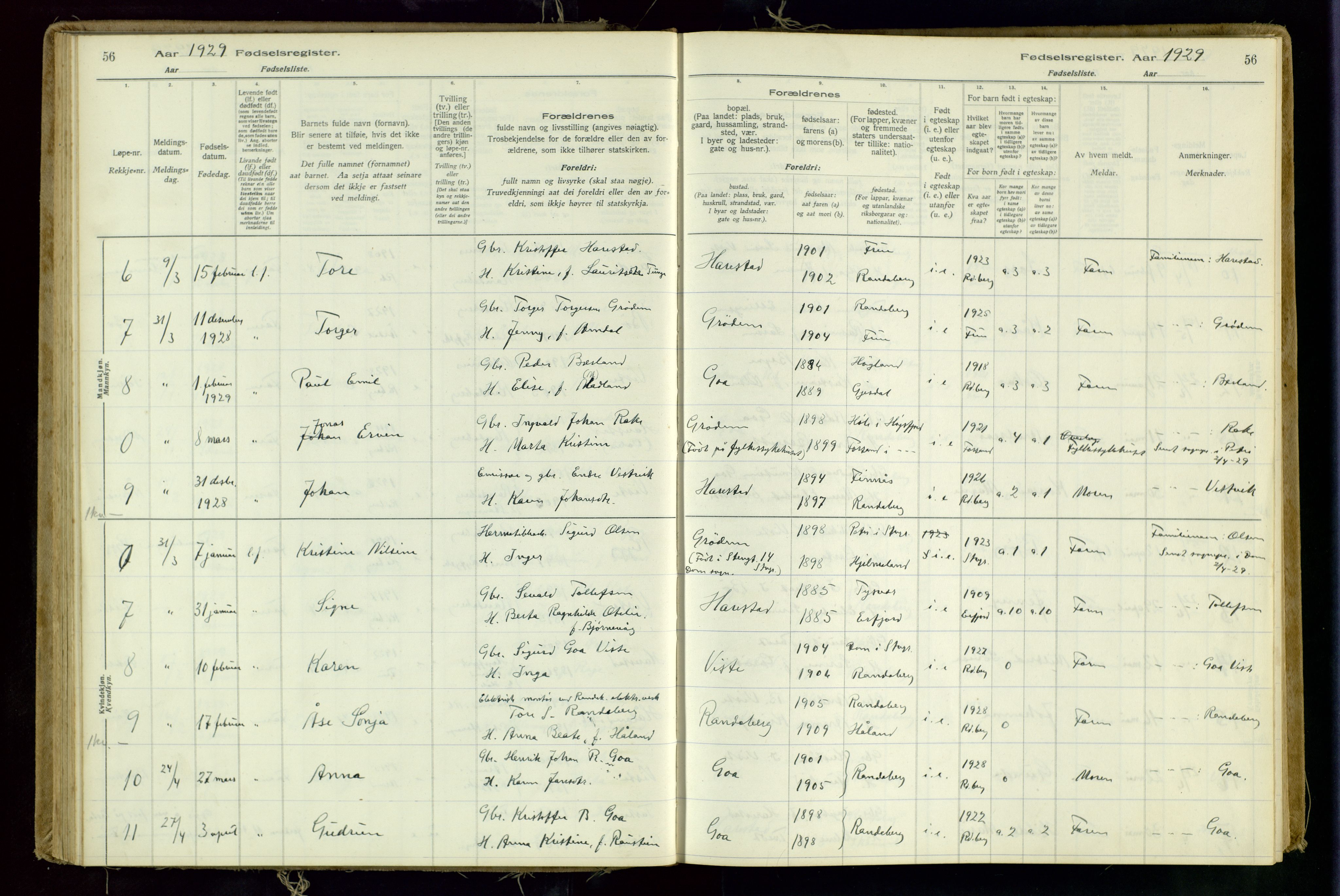 Hetland sokneprestkontor, SAST/A-101826/70/704BA/L0001: Birth register no. 1, 1916-1954, p. 56