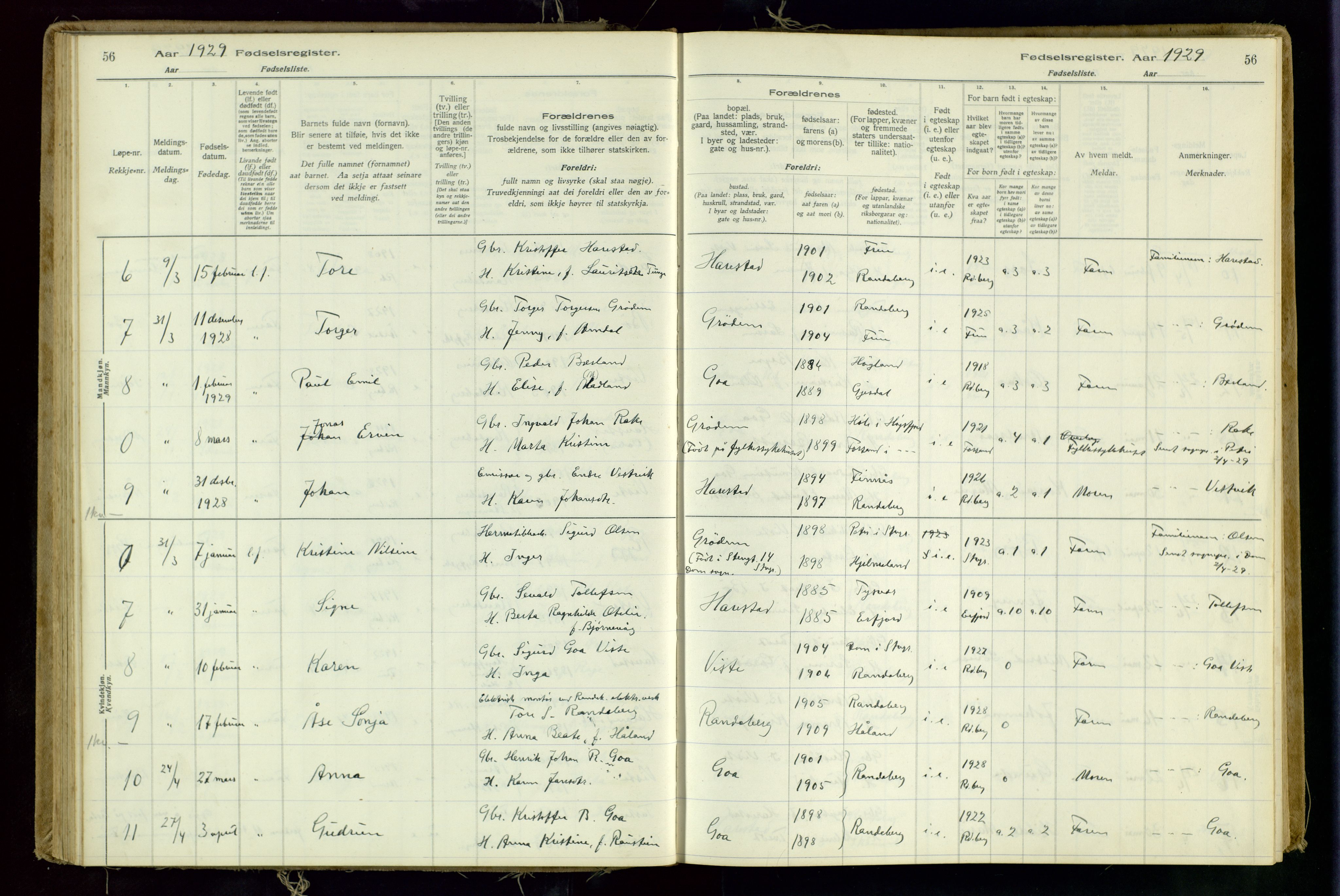 Hetland sokneprestkontor, AV/SAST-A-101826/70/704BA/L0001: Birth register no. 1, 1916-1954, p. 56