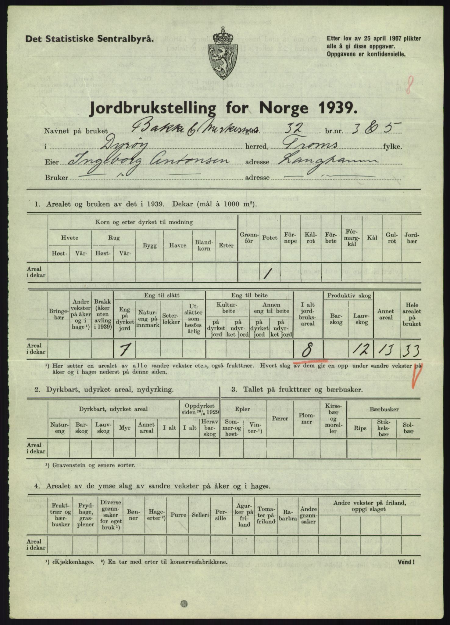 Statistisk sentralbyrå, Næringsøkonomiske emner, Jordbruk, skogbruk, jakt, fiske og fangst, AV/RA-S-2234/G/Gb/L0340: Troms: Salangen og Dyrøy, 1939, p. 870