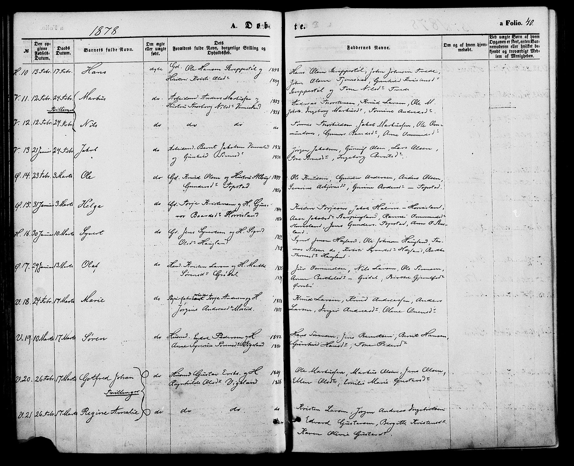 Vennesla sokneprestkontor, AV/SAK-1111-0045/Fa/Fac/L0008: Parish register (official) no. A 8, 1874-1883, p. 40