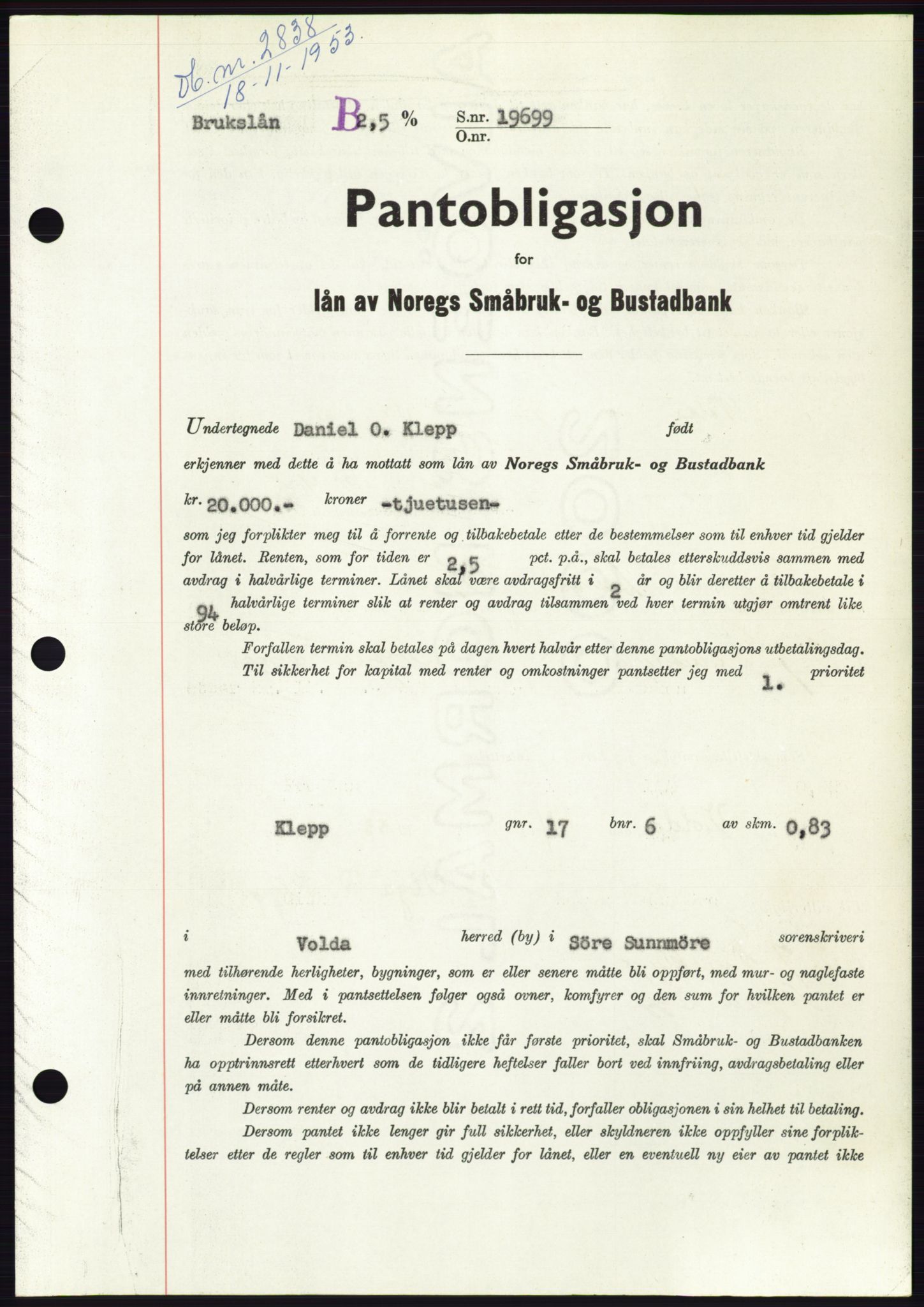Søre Sunnmøre sorenskriveri, AV/SAT-A-4122/1/2/2C/L0124: Mortgage book no. 12B, 1953-1954, Diary no: : 2838/1953