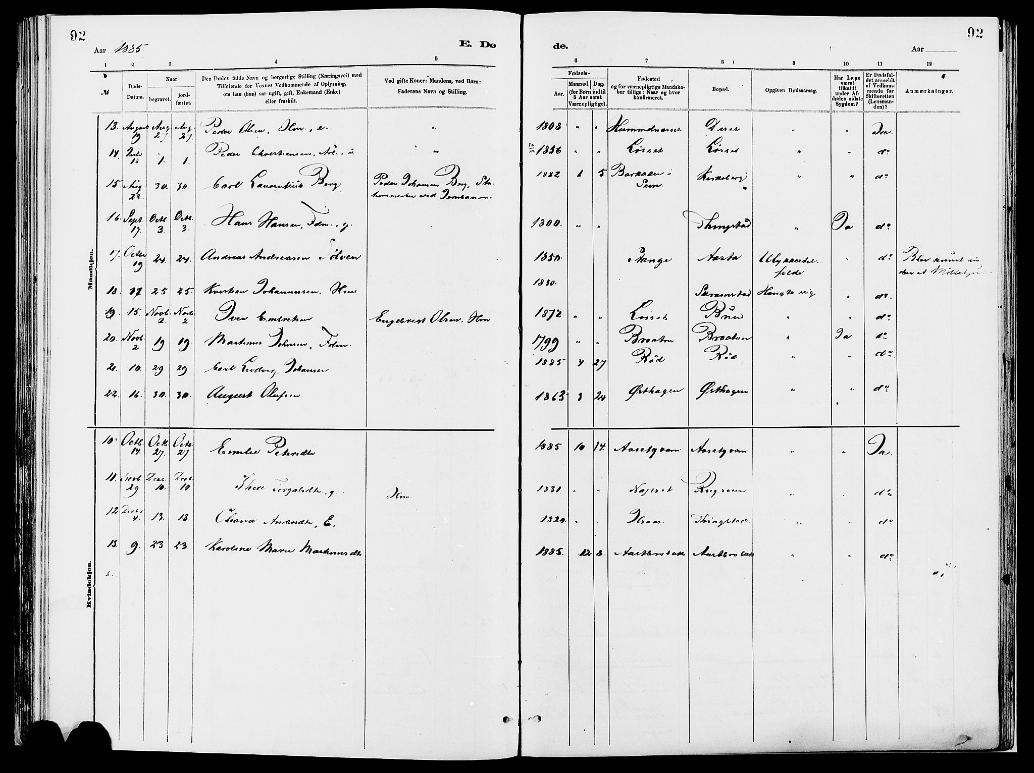 Åmot prestekontor, Hedmark, SAH/PREST-056/H/Ha/Haa/L0010: Parish register (official) no. 10, 1884-1889, p. 92