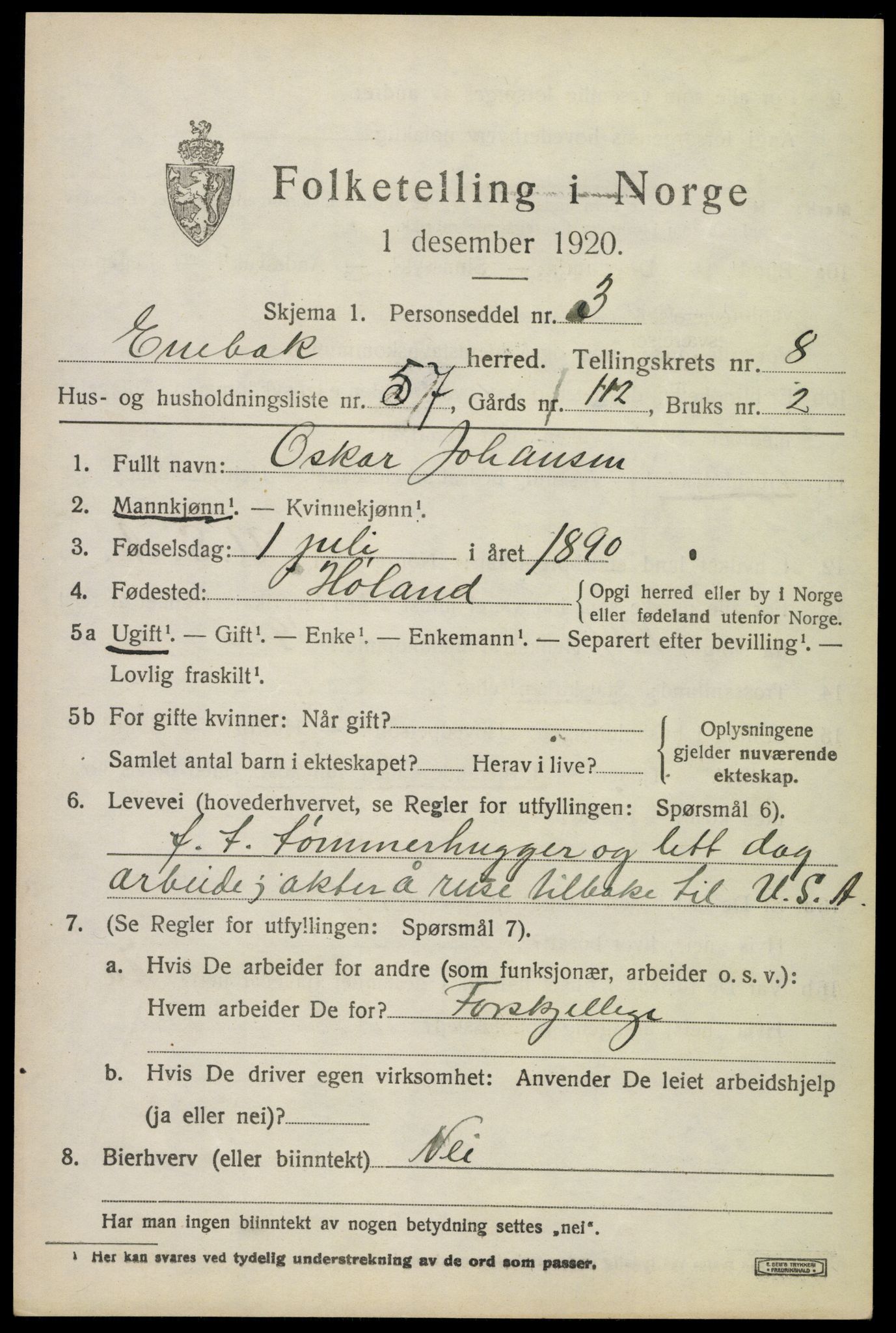 SAO, 1920 census for Enebakk, 1920, p. 7557