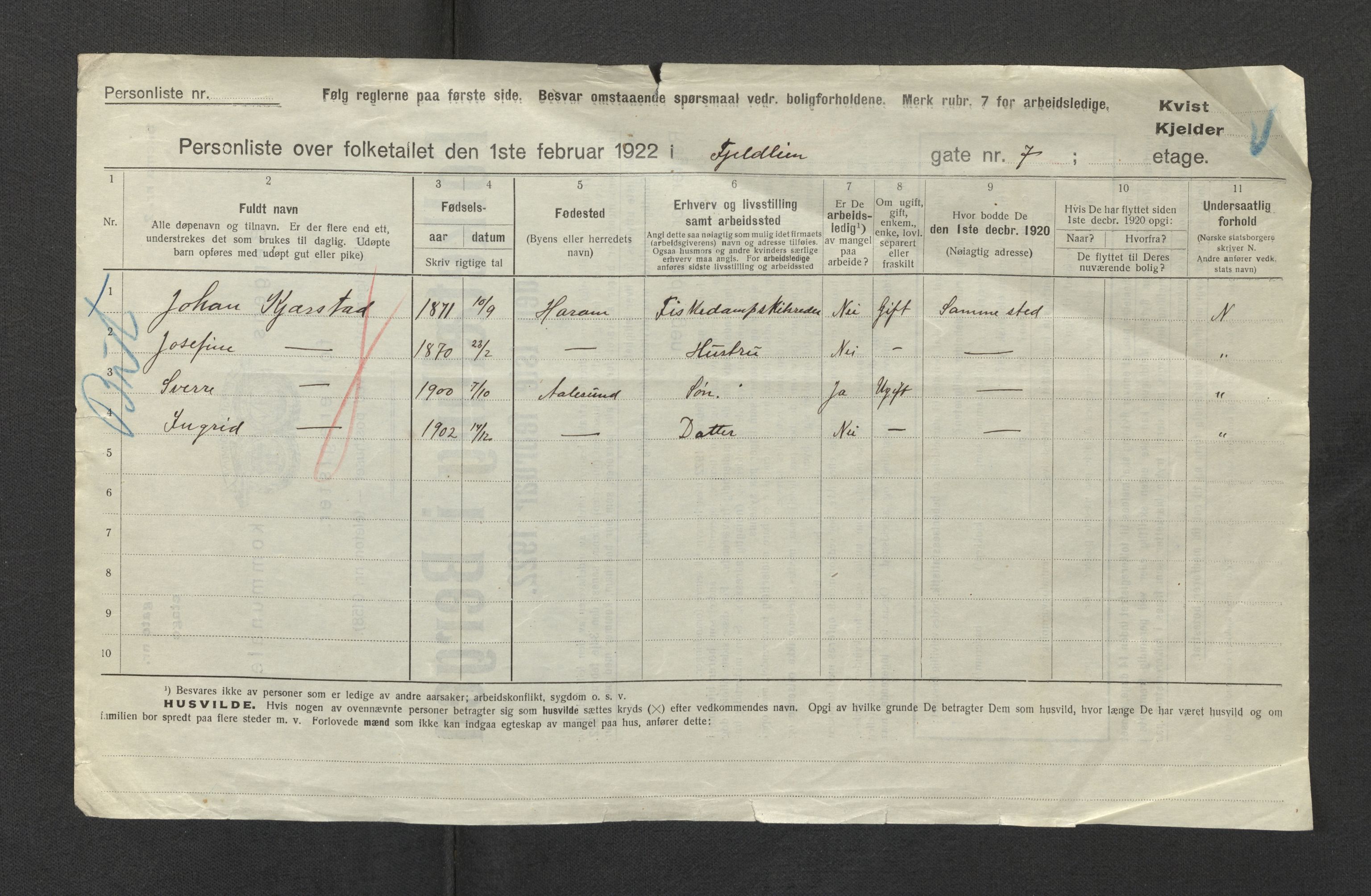 SAB, Municipal Census 1922 for Bergen, 1922, p. 7687