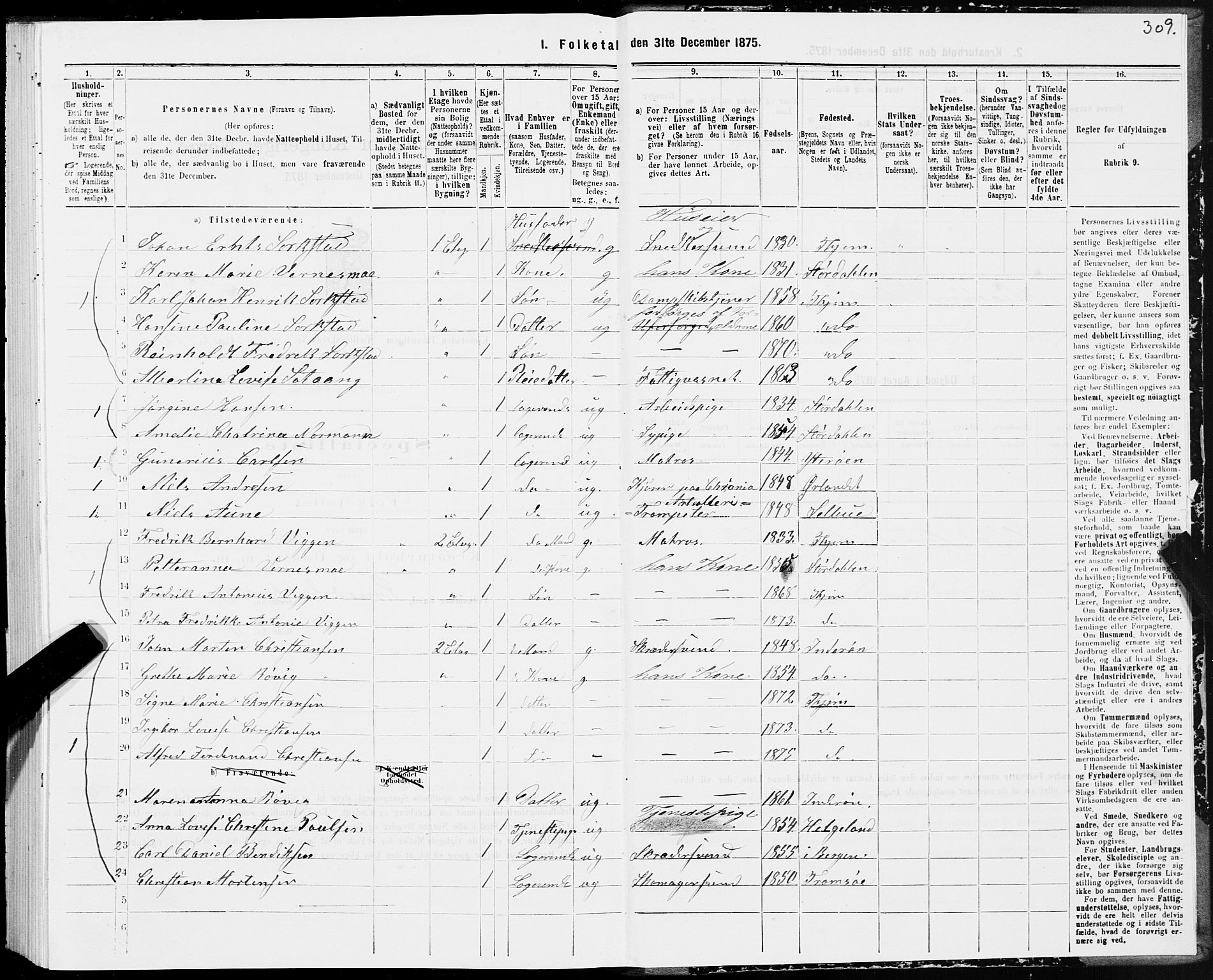 SAT, 1875 census for 1601 Trondheim, 1875, p. 6309