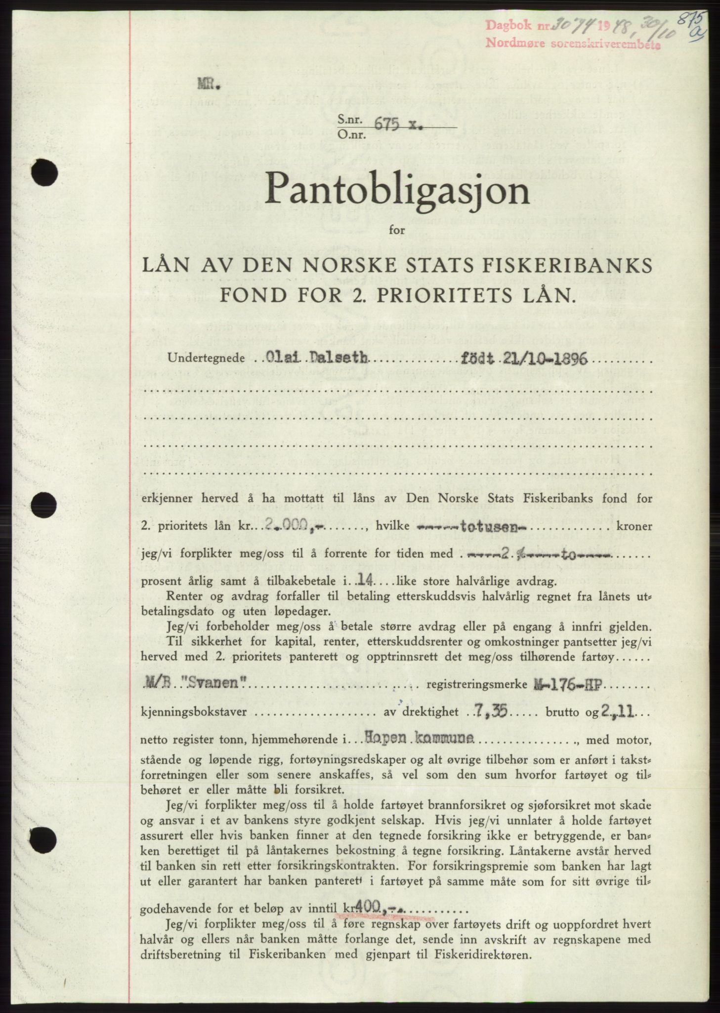 Nordmøre sorenskriveri, AV/SAT-A-4132/1/2/2Ca: Mortgage book no. B99, 1948-1948, Diary no: : 3074/1948