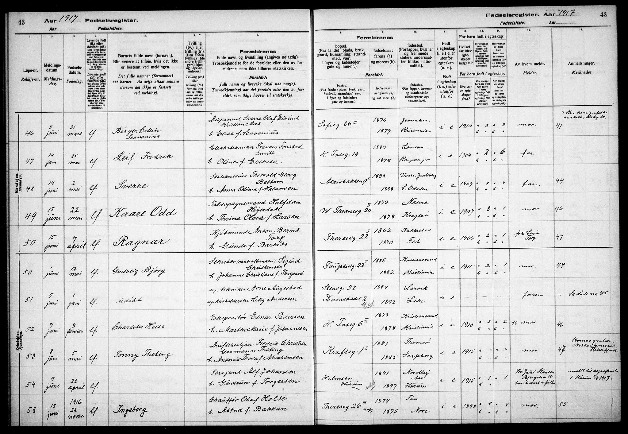 Gamle Aker prestekontor Kirkebøker, AV/SAO-A-10617a/J/L0001: Birth register no. 1, 1916-1927, p. 43