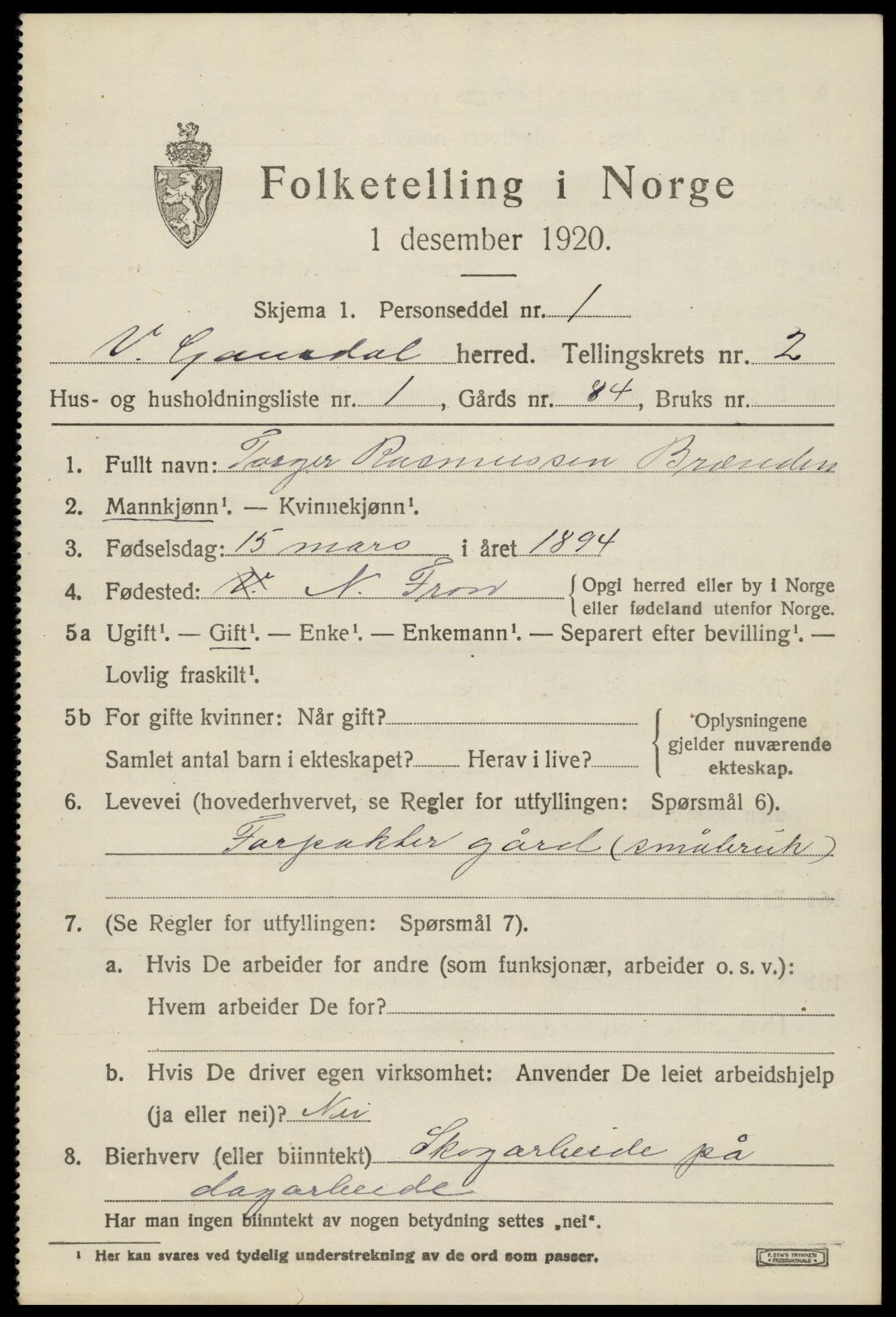 SAH, 1920 census for Vestre Gausdal, 1920, p. 1739