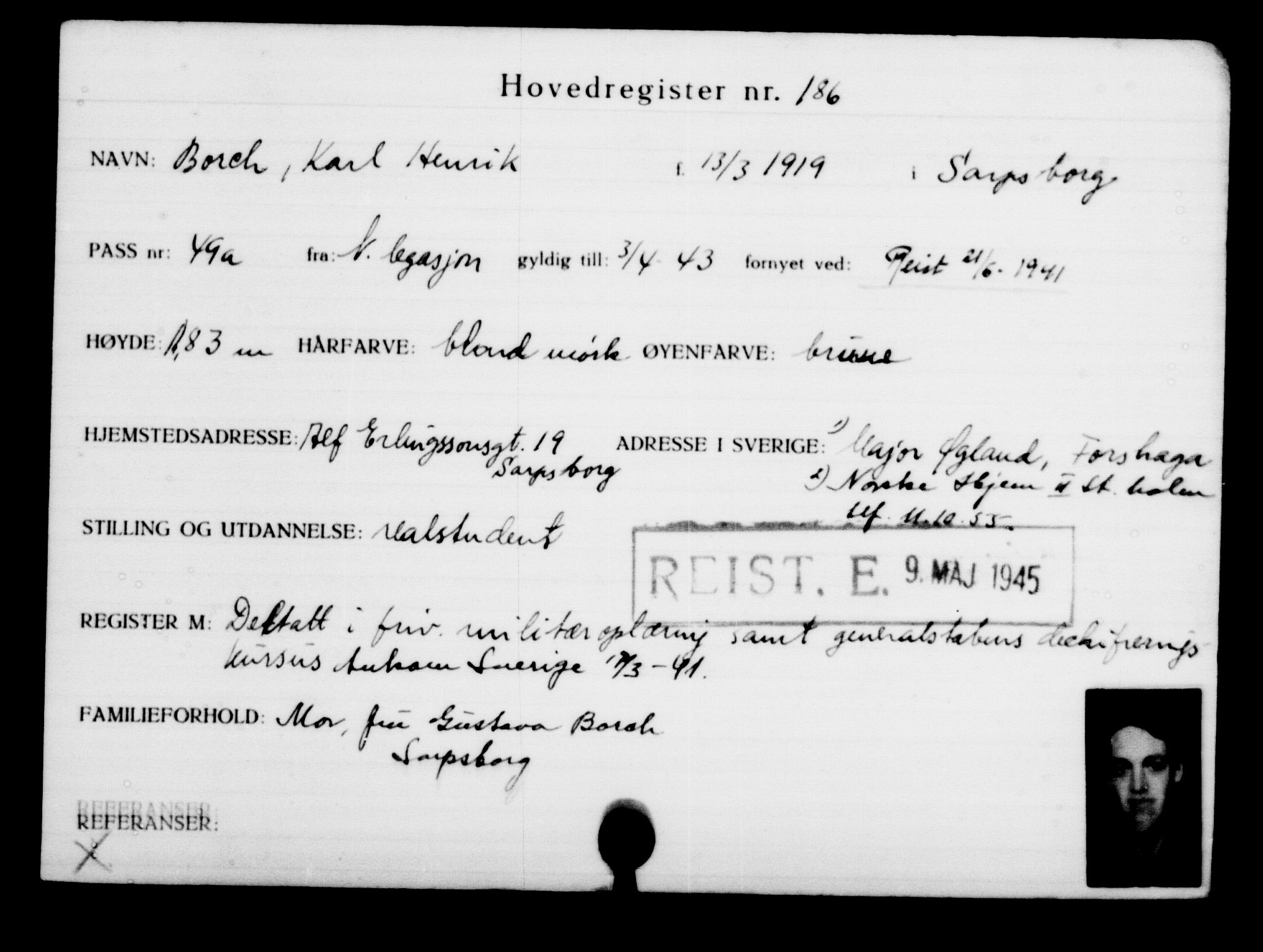 Utenriksstasjonene, Legasjonen i Stockholm, Flyktningkontoret, AV/RA-S-6753/V/Va/L0001: Kjesäterkartoteket, flyktninger med registreringsnr. 1-1000, 1940-1945, p. 299