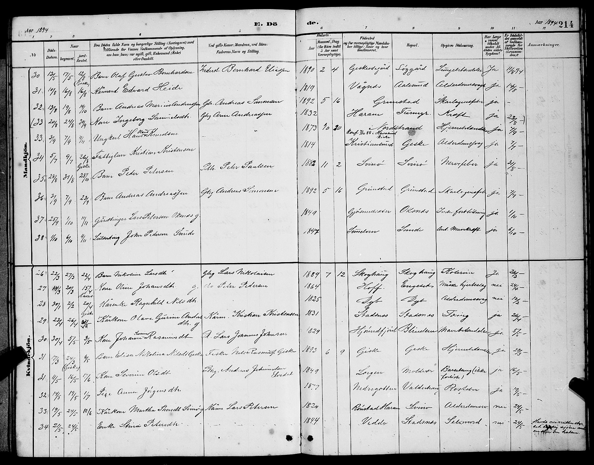 Ministerialprotokoller, klokkerbøker og fødselsregistre - Møre og Romsdal, SAT/A-1454/528/L0430: Parish register (copy) no. 528C11, 1884-1899, p. 214