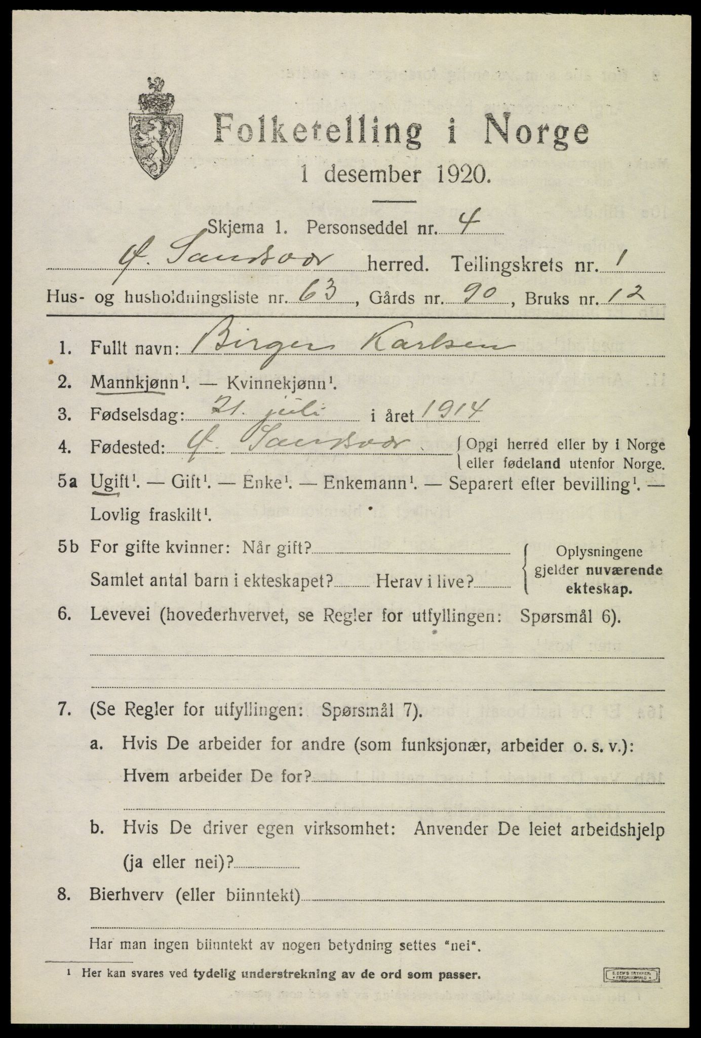 SAKO, 1920 census for Øvre Sandsvær, 1920, p. 1590