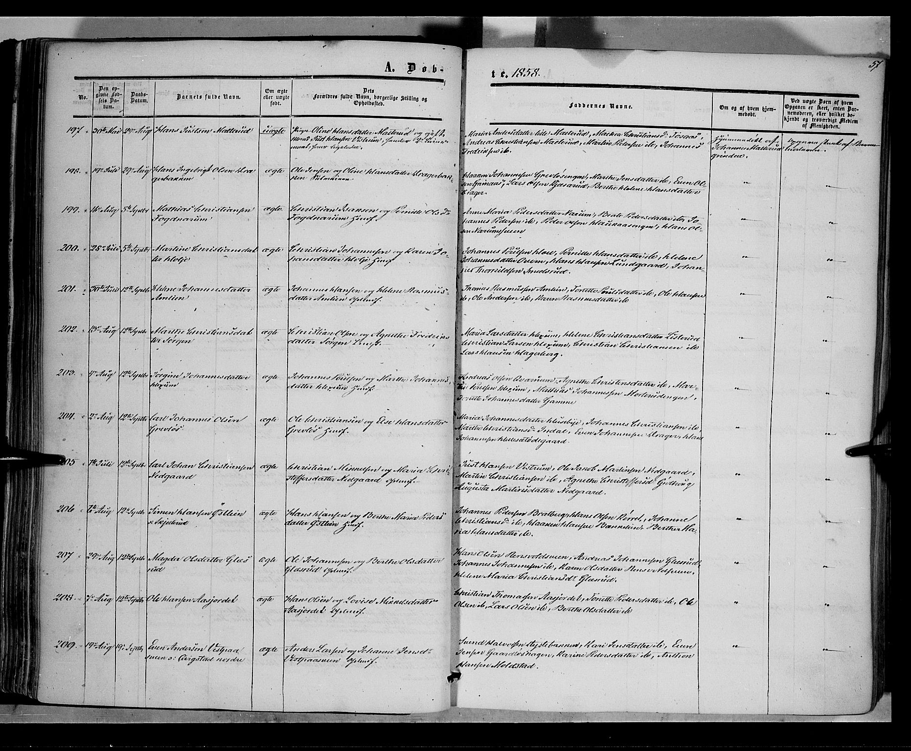 Vestre Toten prestekontor, AV/SAH-PREST-108/H/Ha/Haa/L0006: Parish register (official) no. 6, 1856-1861, p. 57