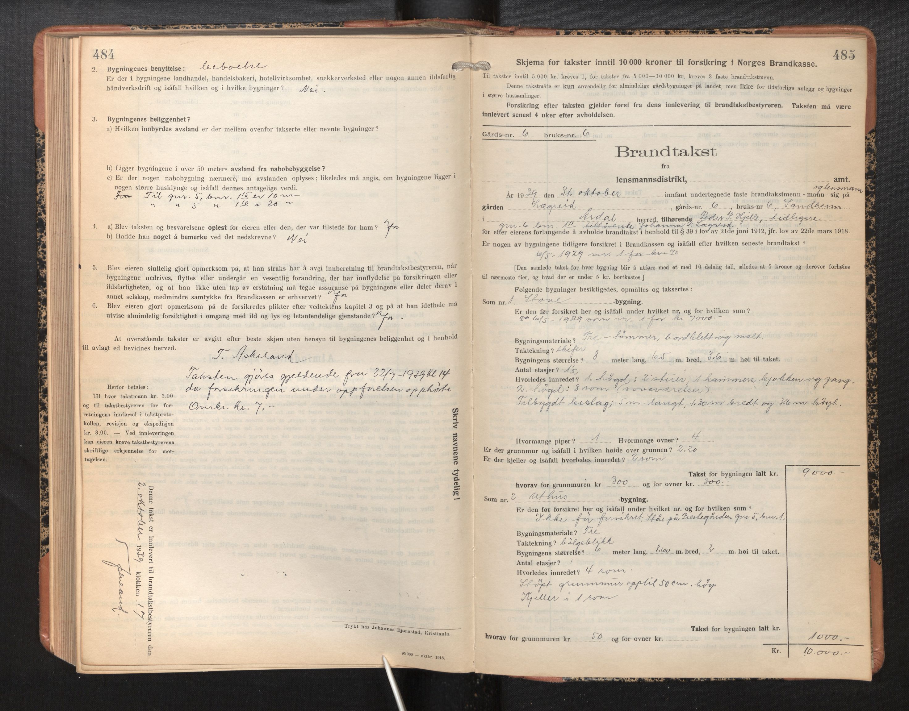 Lensmannen i Årdal, AV/SAB-A-30501/0012/L0010: Branntakstprotokoll, skjematakst, 1926-1939, p. 484-485