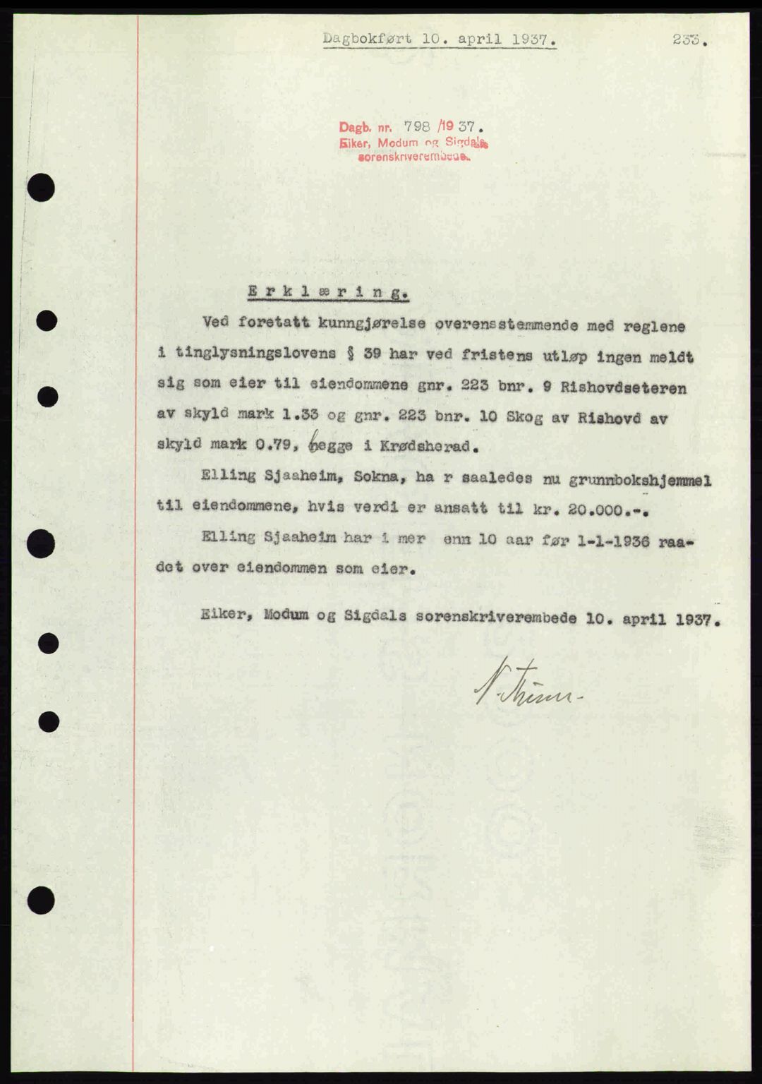 Eiker, Modum og Sigdal sorenskriveri, SAKO/A-123/G/Ga/Gab/L0035: Mortgage book no. A5, 1937-1937, Diary no: : 798/1937