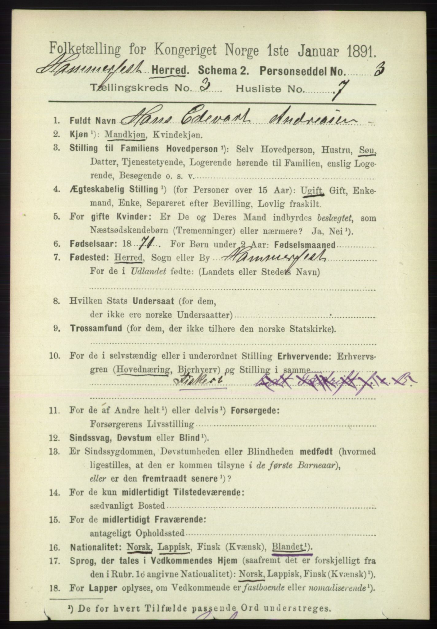 RA, 1891 census for 2016 Hammerfest, 1891, p. 1047